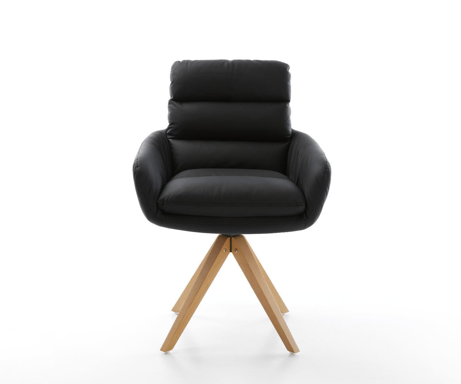 Chaise-de-salle-à-manger Abelia-Flex avec accoudoirs cuir de vache noir pied en bois angulaire naturel 1