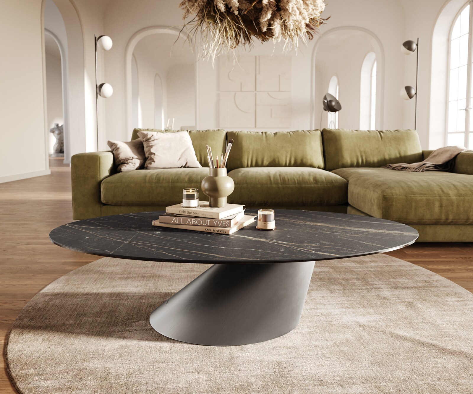 Table basse Edge Oval 140x80 cm céramique Laminam® Noir Desir brun Conis acier inoxydable brossé 2