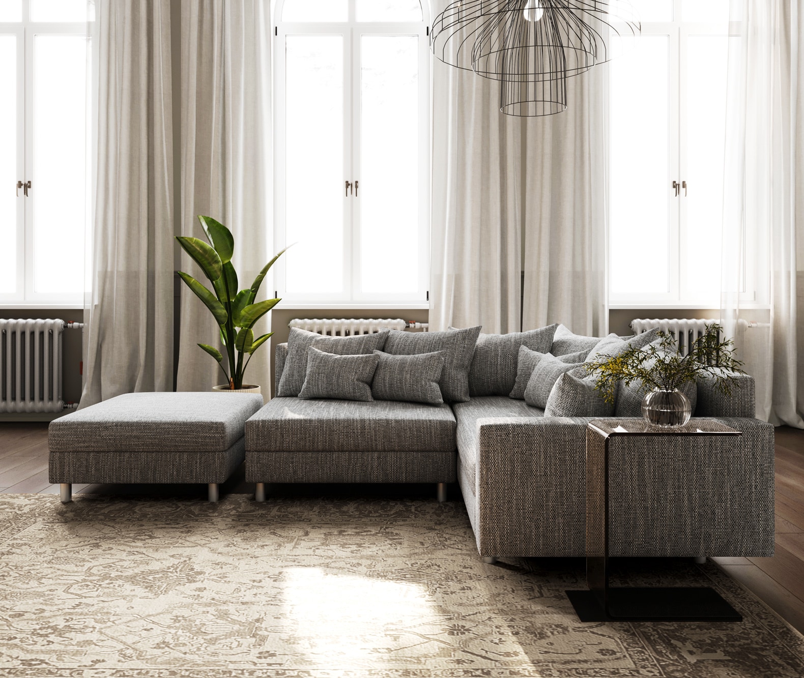 Canapé d'angle Clovis tissu structuré gris clair tabouret accoudoir pouf à droite canapé modulaire 2