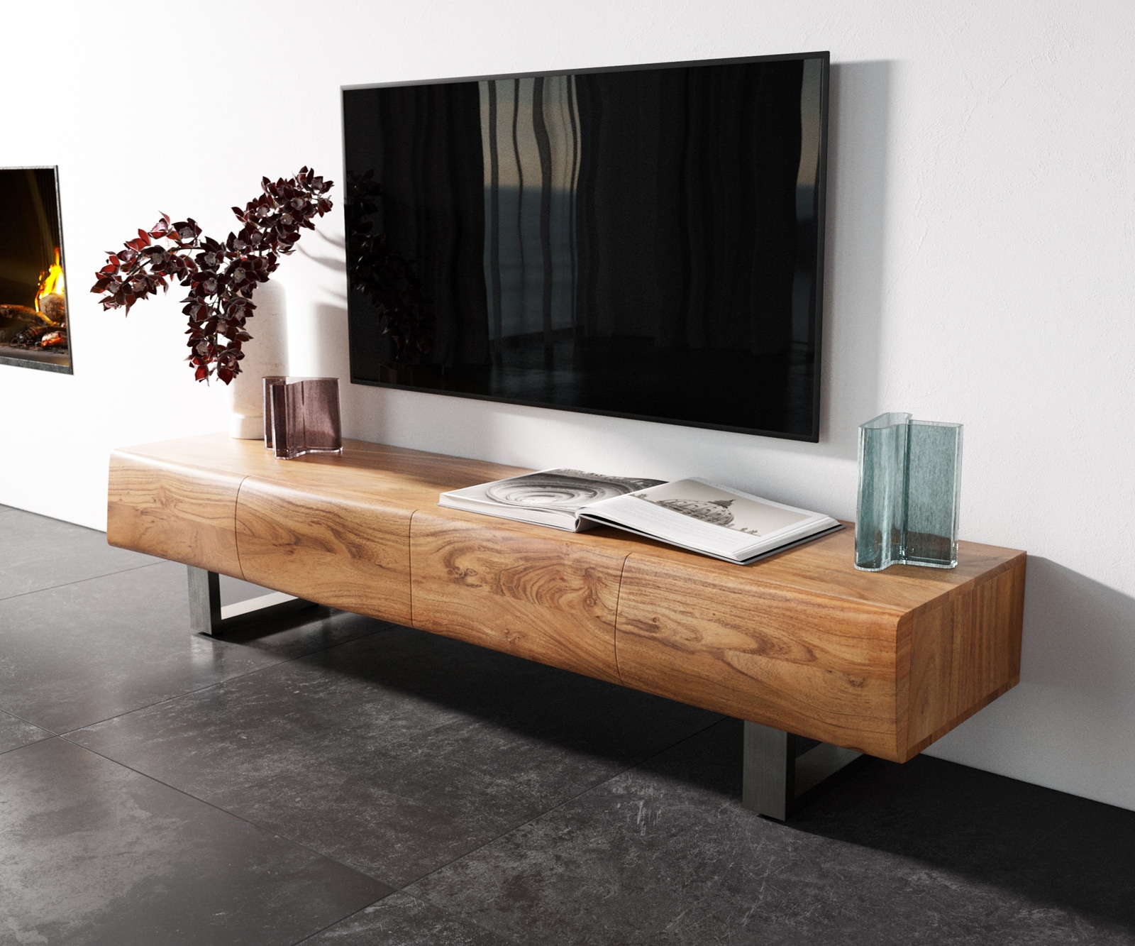 Meuble - TV New Live-Edge 175 cm acacia naturel 4 portes patin inox brossé Meuble - TV New Live-Edge 175 cm acacia naturel 4 portes patin inox brossé