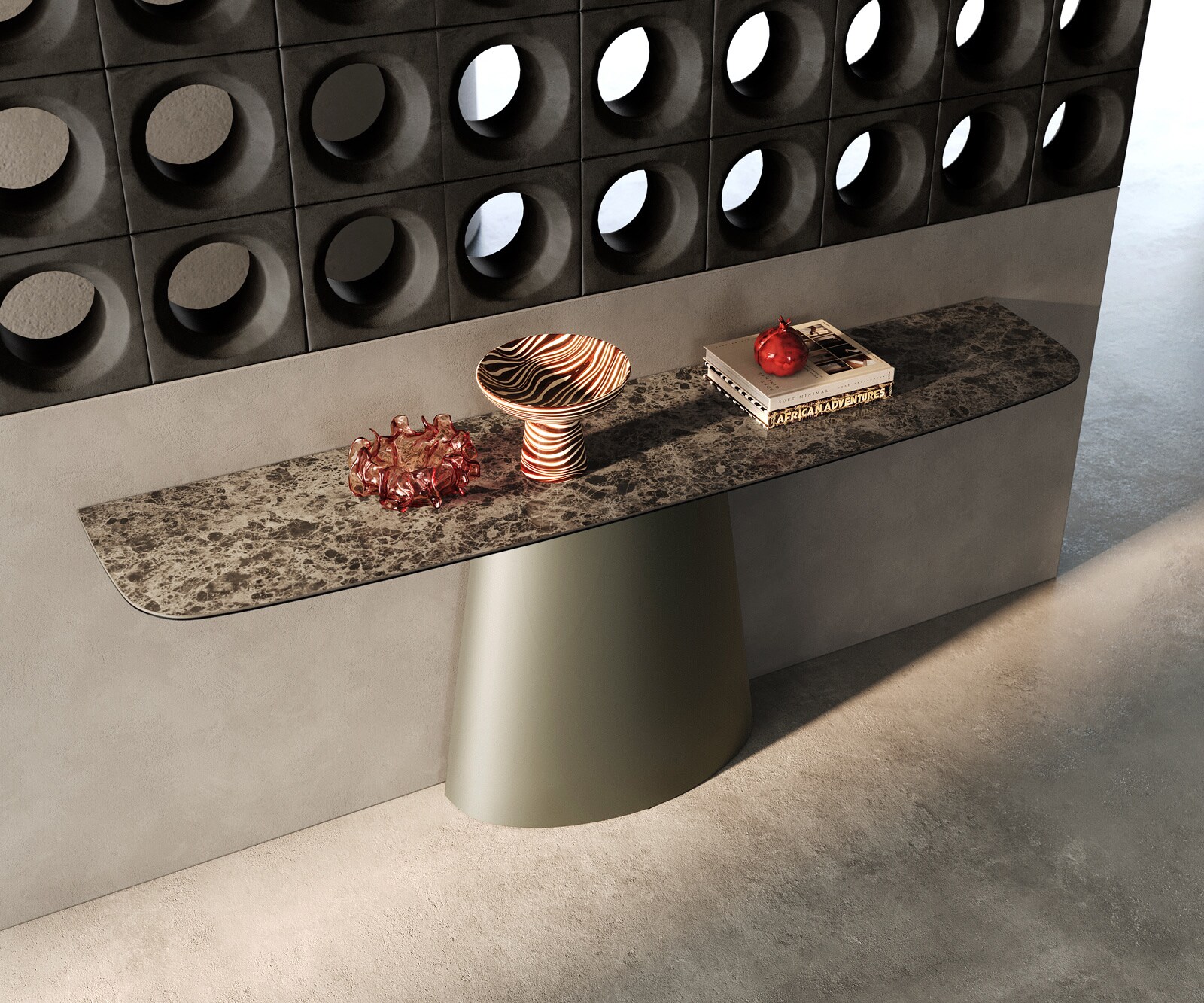 Console Edge forme bateau 180x40 cm Céramique Emperador Extra Lucidato Dunkelbraun Conos Métal Effektfinish Titan 1