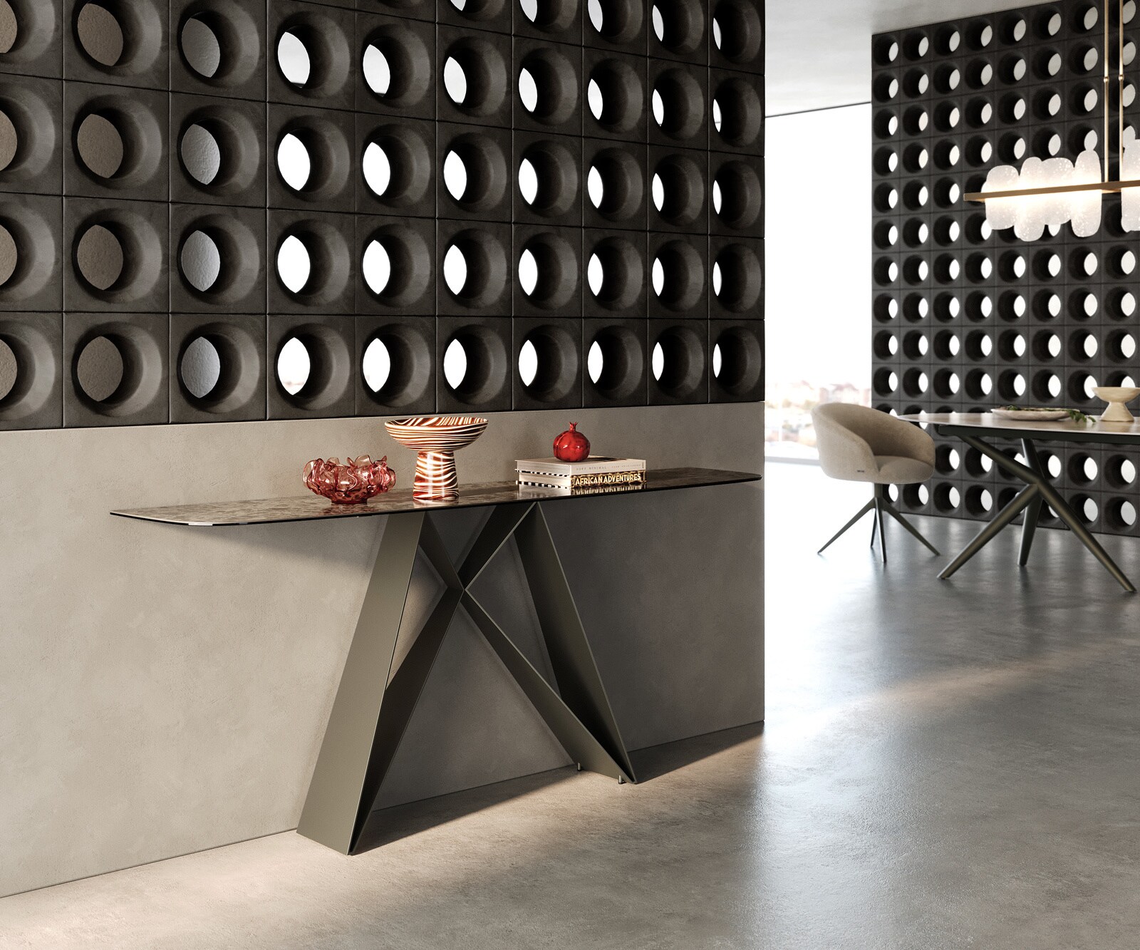 Console Edge forme bateau 180x40 cm Céramique Emperador Extra Lucidato Dunkelbraun Velio Métal Effektfinish Titan 6