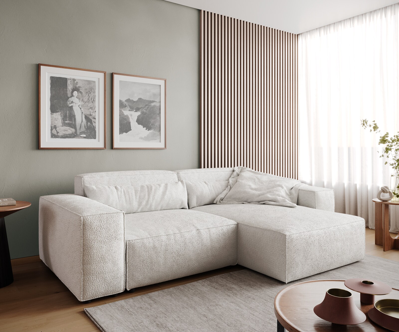 Canapé d'angle Sirpio 230x150 cm Bouclee Crème-blanc Recamiere variable 1