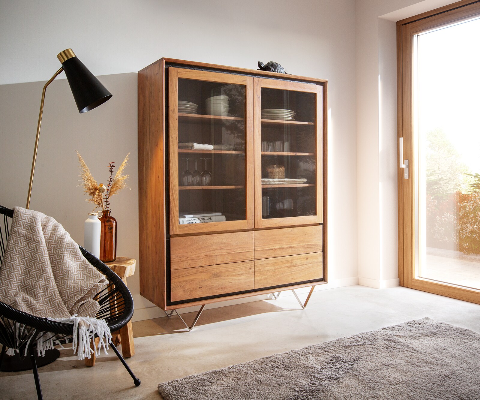 Vitrine Stonegrace 60x175 acacia nature 1portes  2 tiroirs placage en pierre pieds en V 2