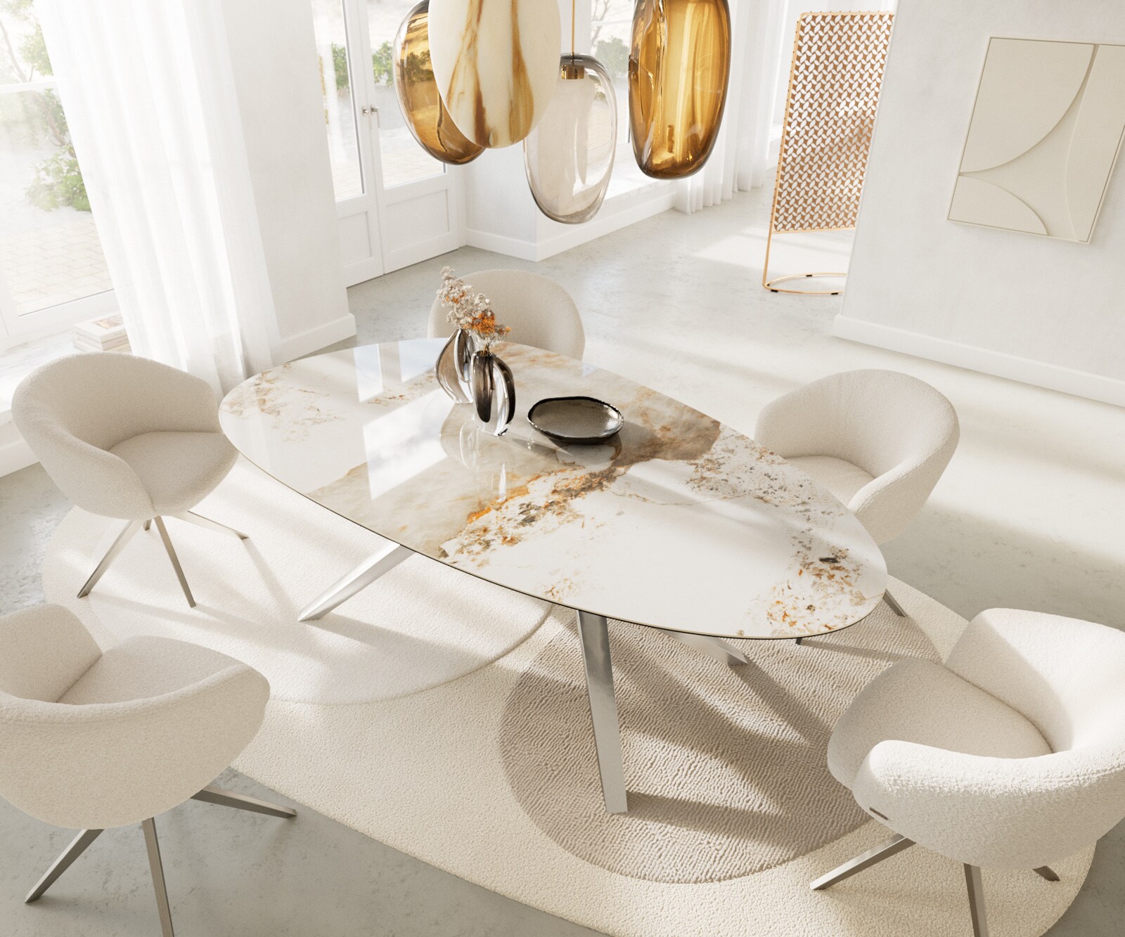 Esstisch Edge Oval 220x120 Keramik Minas Melange Weiß-Beige Zenthara kantig Edelstahl 3