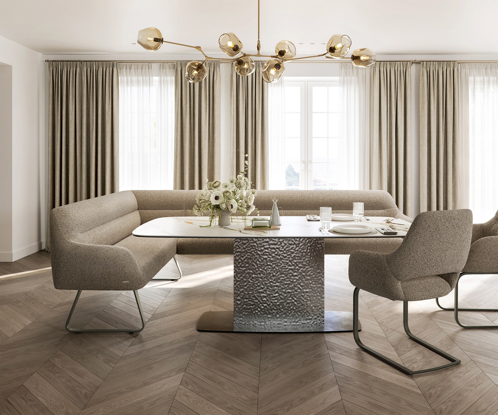 Esszimmerbank Taya-Flex 285x190 cm Bouclé Schlamm Kufengestell flach Effektfinish Titan Taschenfederkern Rechts 1