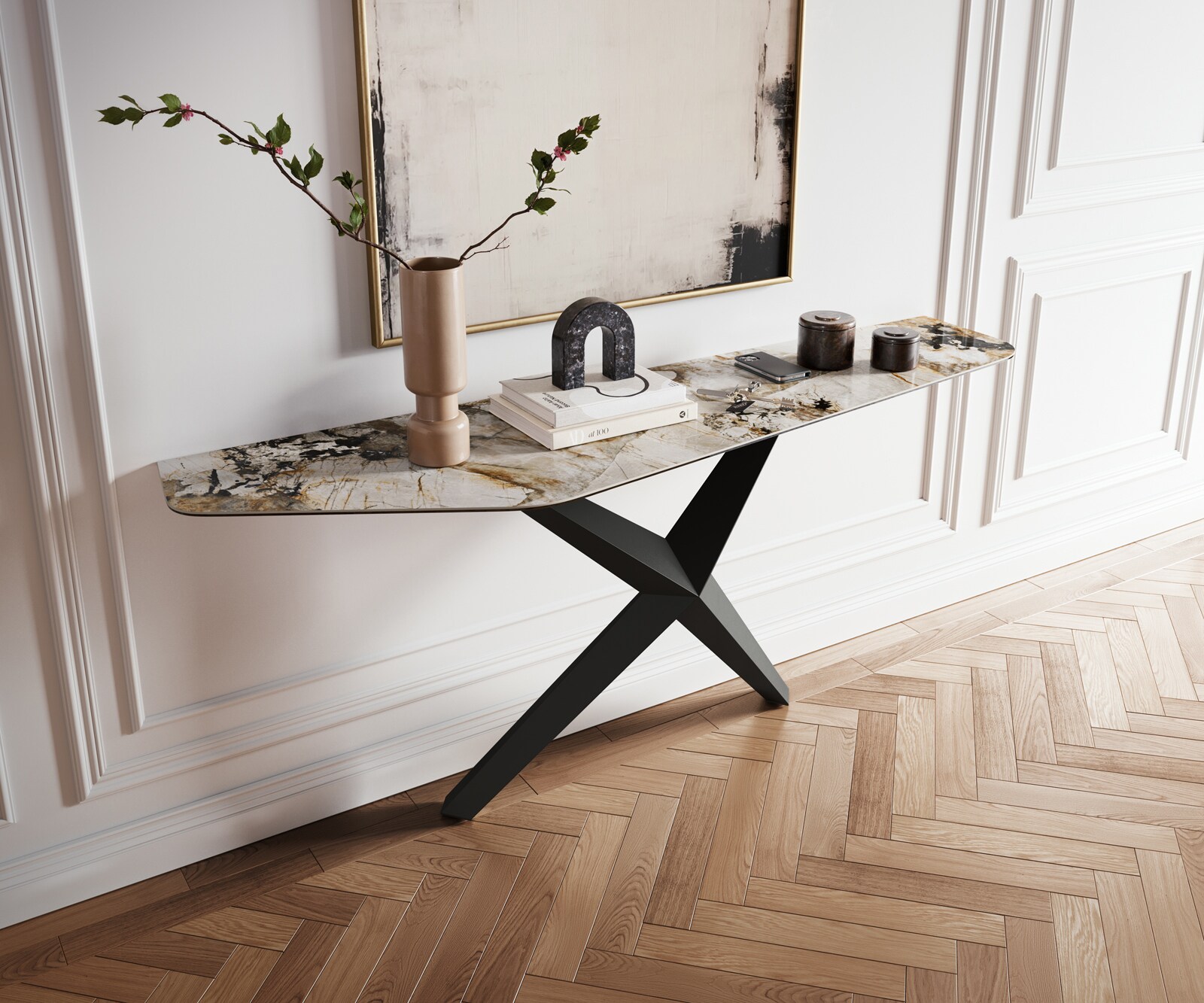 Konsolentisch Edge Polygonal 180x50 cm Keramik Patagonia Poliert Zentharo Metall Schwarz 4