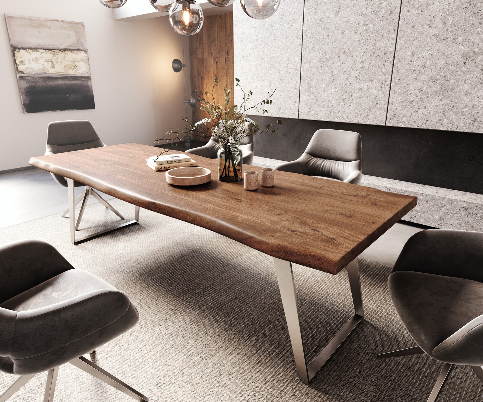 Table-à-manger Edge 260x100cm XL acacia marron acier inoxydable argent incliné Live-Edge 1