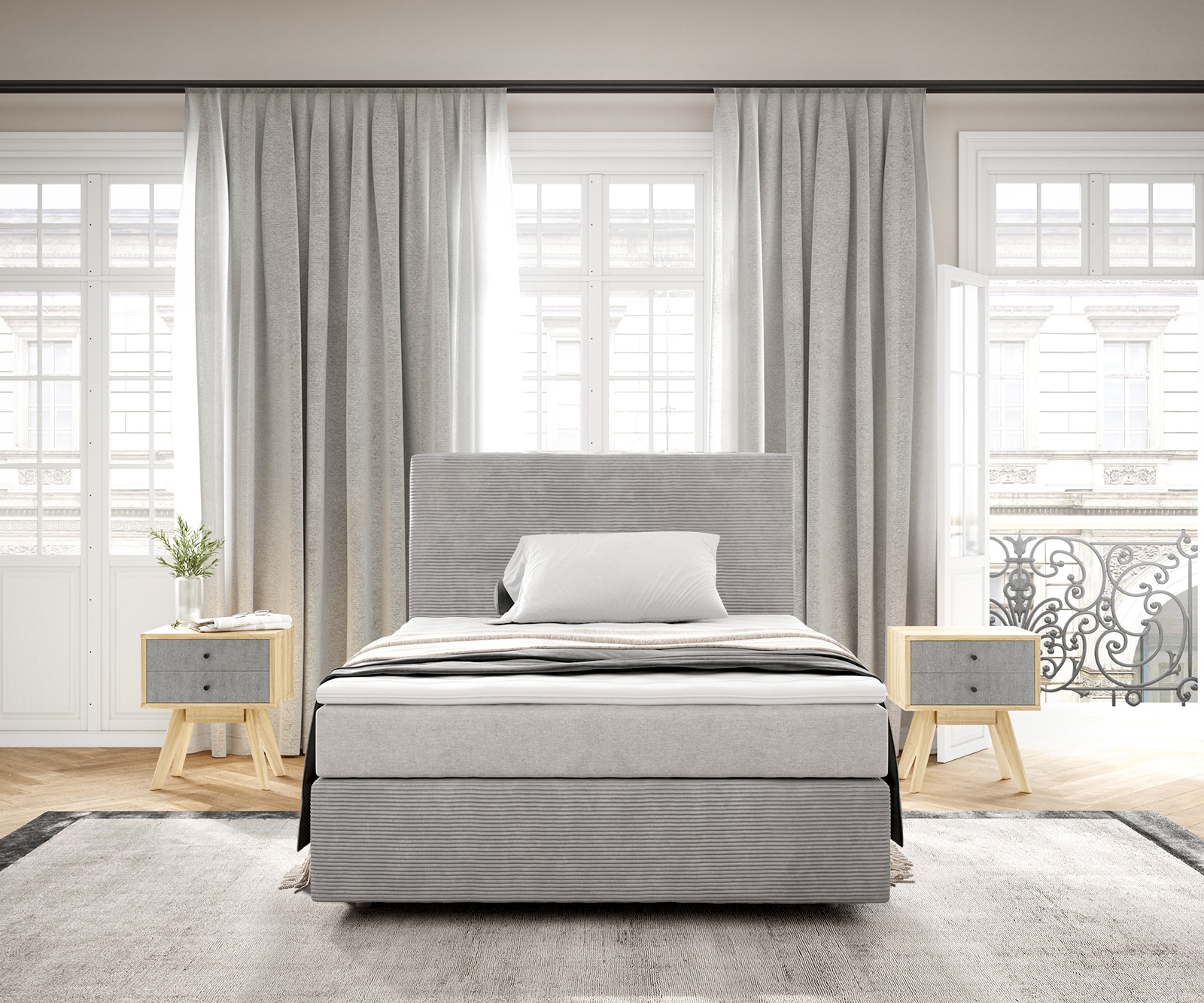 Lit-à-sommier-tapissier Dream-Well 120x200 cm Velours côtelé gris argenté avec matelas à ressorts ensachés et surmatelas Visco 1 Lit-à-sommier-tapissier Dream-Well 120x200 cm Velours côtelé gris argenté avec matelas à ressorts ensachés et surmatelas Visco 1