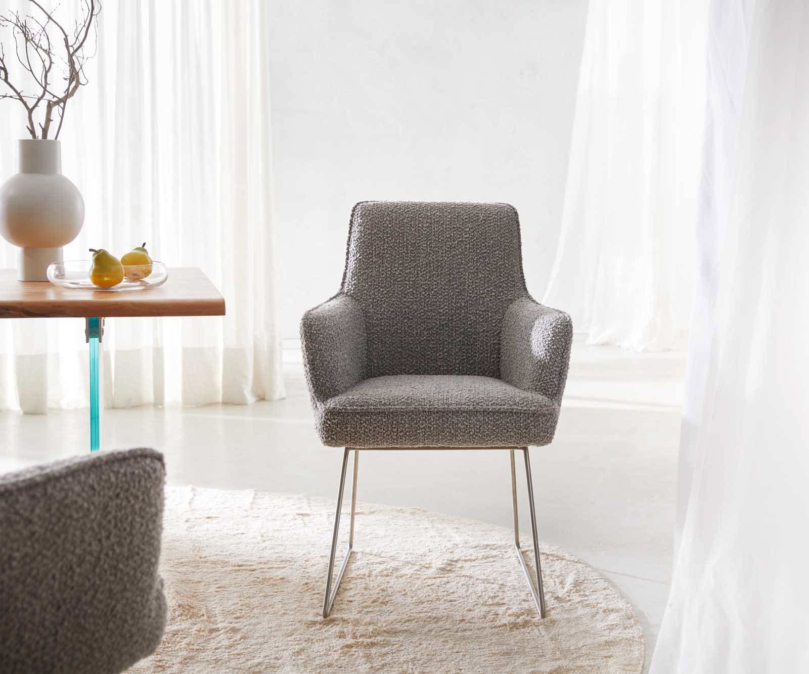 Esszimmerstuhl Heira-Flex mit Armlehnen Bouclé Silbergrau Kufengestell Edelstahl Taschenfederkern 1 Esszimmerstuhl Heira-Flex mit Armlehnen Bouclé Silbergrau Kufengestell Edelstahl Taschenfederkern 1