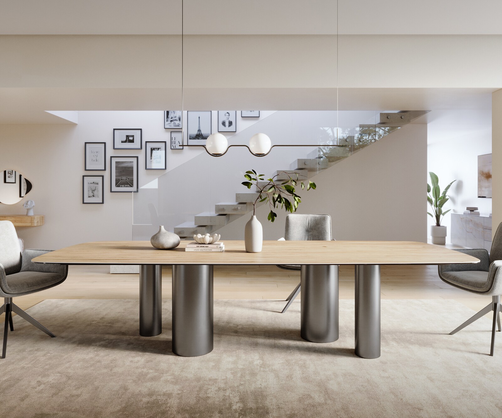 Esstisch Edge Boot 300x120 cm Keramik Laminam® Sabbia Eichefarbig Pilier Edelstahl Graphit 1