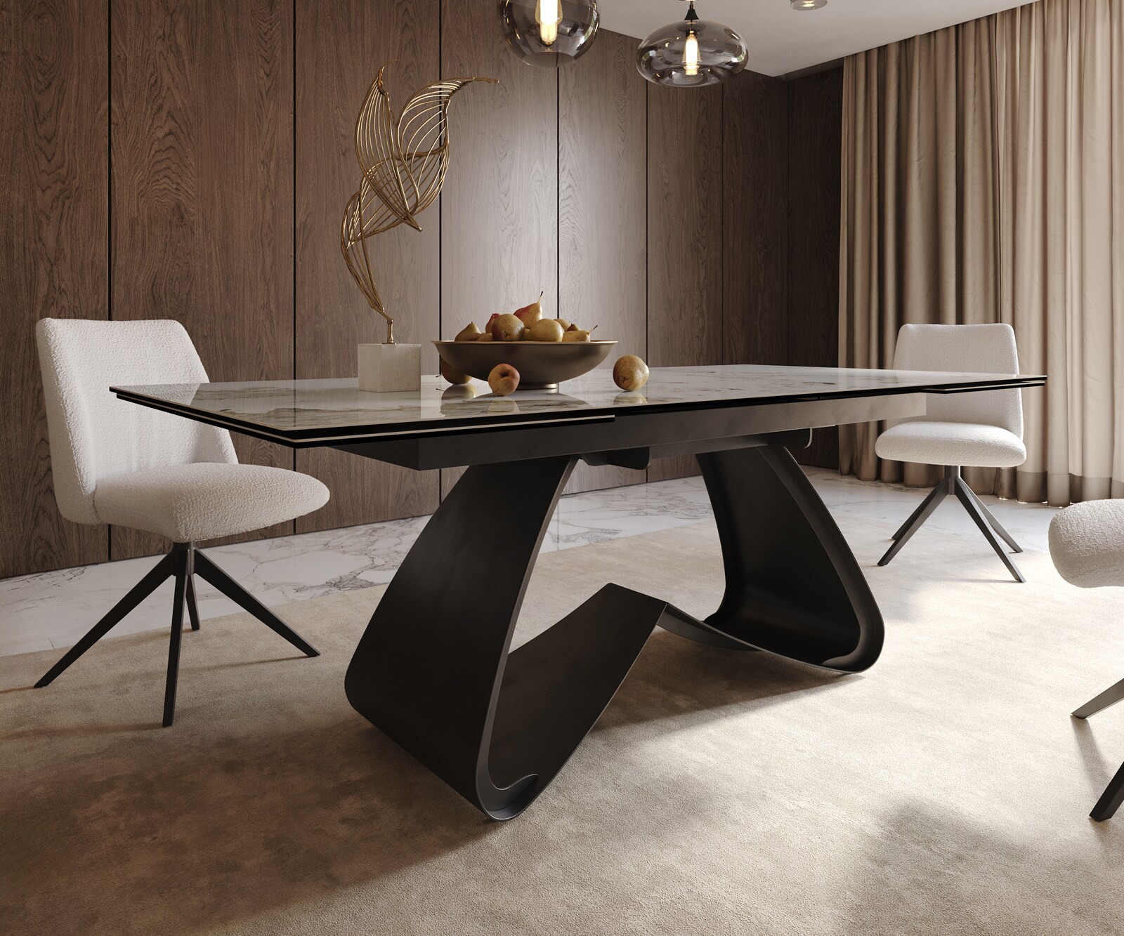 Esstisch Edge 200-300x100 Keramik Minas Melange Weiß-Beige W-Gestell Schwarz ausziehbar 6