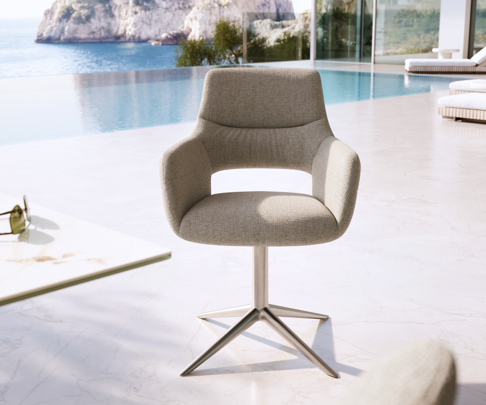 Chaise-d'extérieur Yago-Flex avec accoudoirs tissu texturé gris-blanc pied de chaise 4 branches acier inoxydable pivotement sur 360° fonction bascule 1