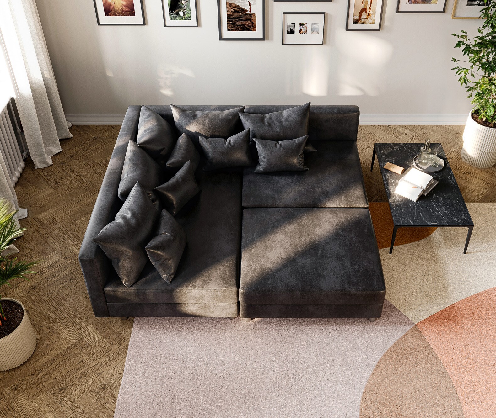 Canapé d'angle Clovis anthracite tabouret ottoman gauche module canapé 4