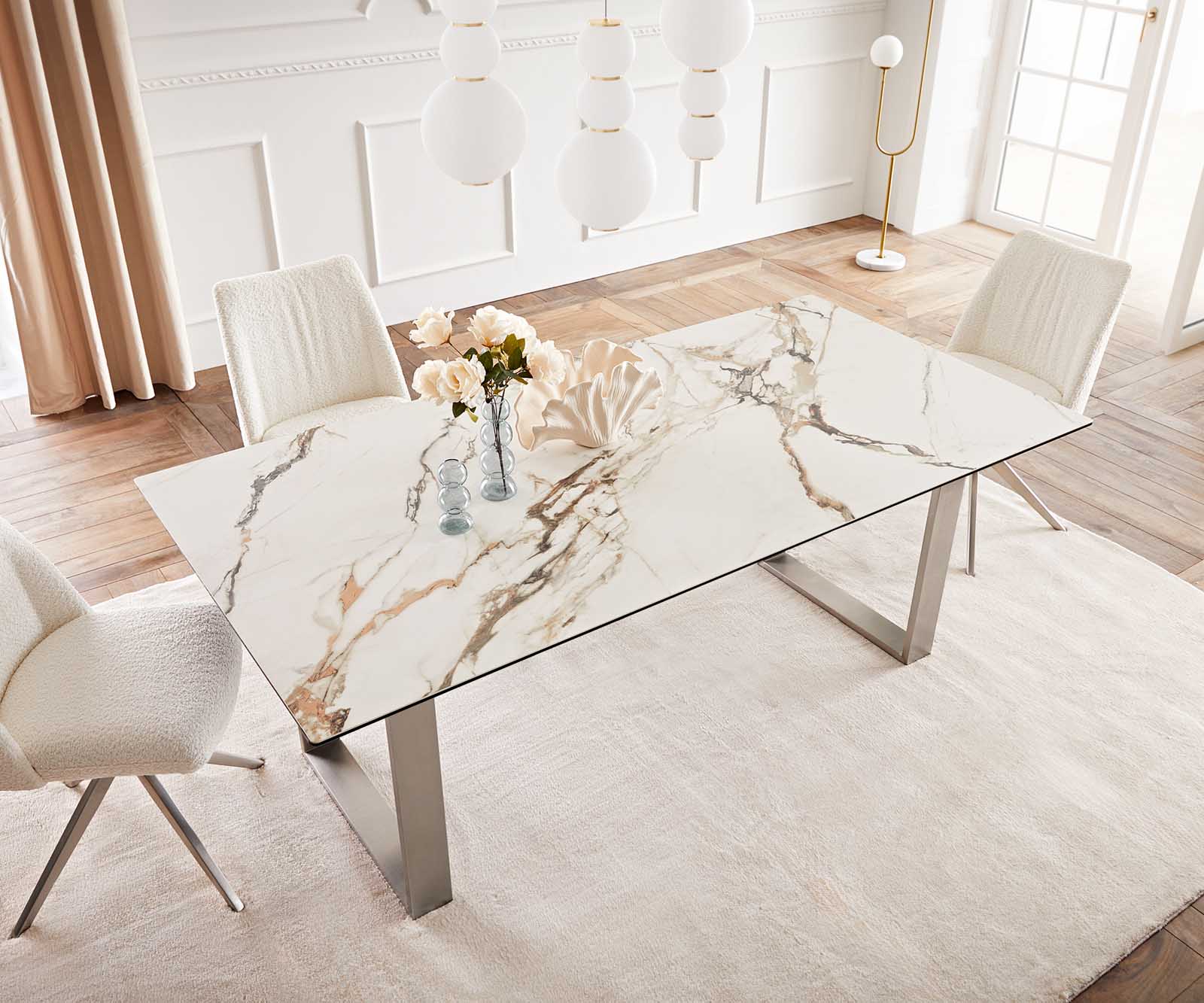 Esstisch Edge 200x100 Keramik Calacatta Luxe Weiß-Gold-Grau Edelstahl Schmal 5