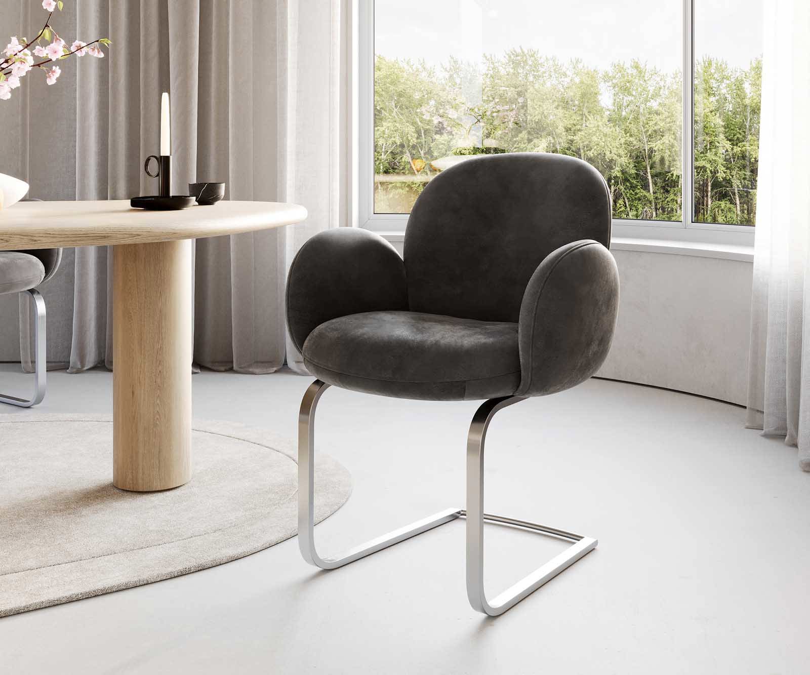 Cantilever Nube-Flex avec accoudoirs microvelours anthracite vintage pied cantilever plat acier inoxydable brossé ressorts ensachés 1