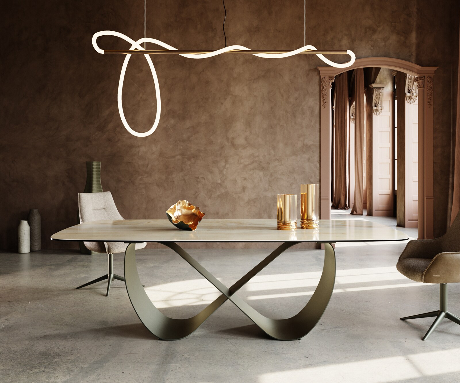 Table à manger Edge Boot 240x120 cm Céramique Iris FMG Onice Oro Infinity Métal Finition effet Titan 1