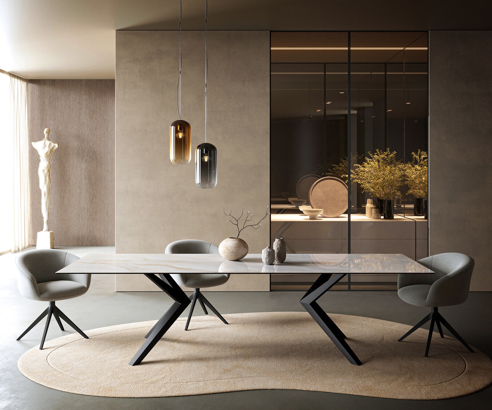 Table à manger Edge 300x100 cm céramique Onyx Pearl Zenthara angulaire métal noir 1