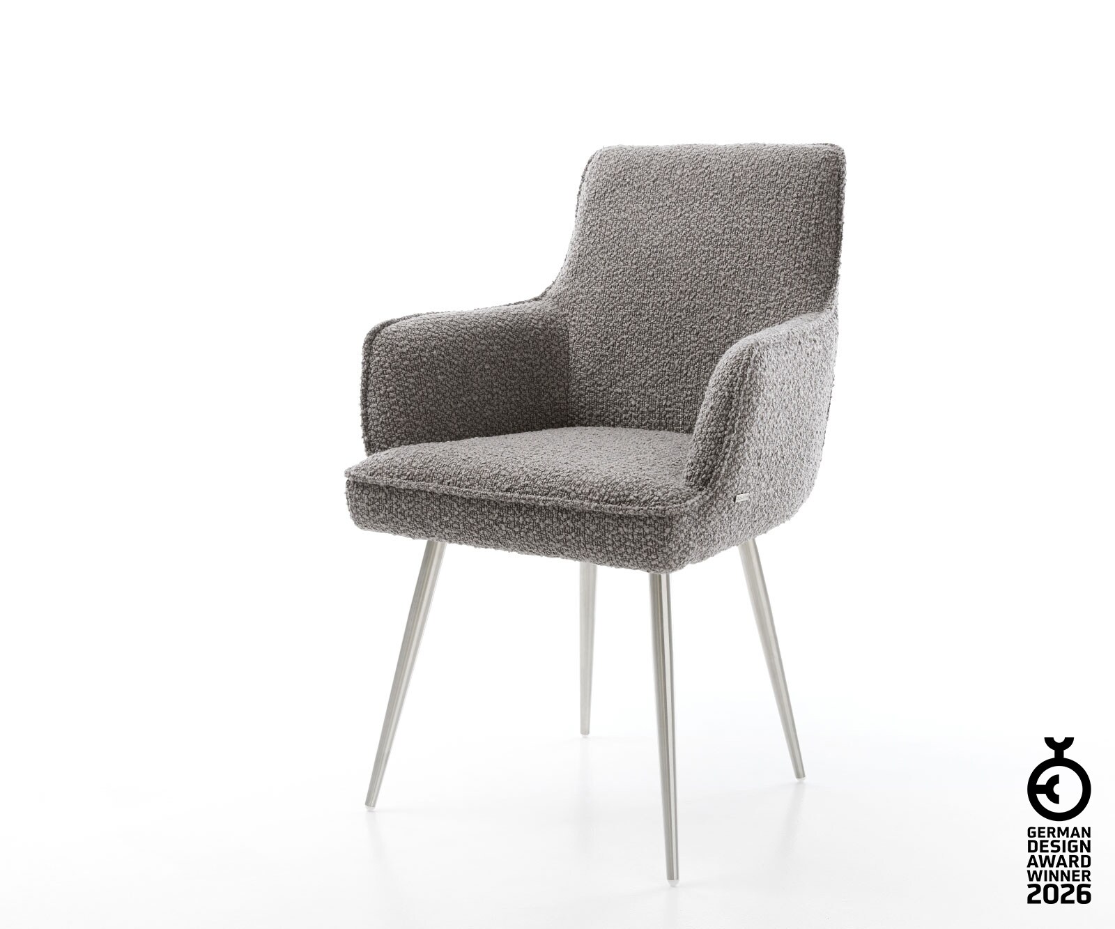 Chaise-de-salle-à-manger Heira-Flex avec accoudoirs bouclé gris argenté 4 pieds coniques acier inoxydable brossé ressorts ensachés