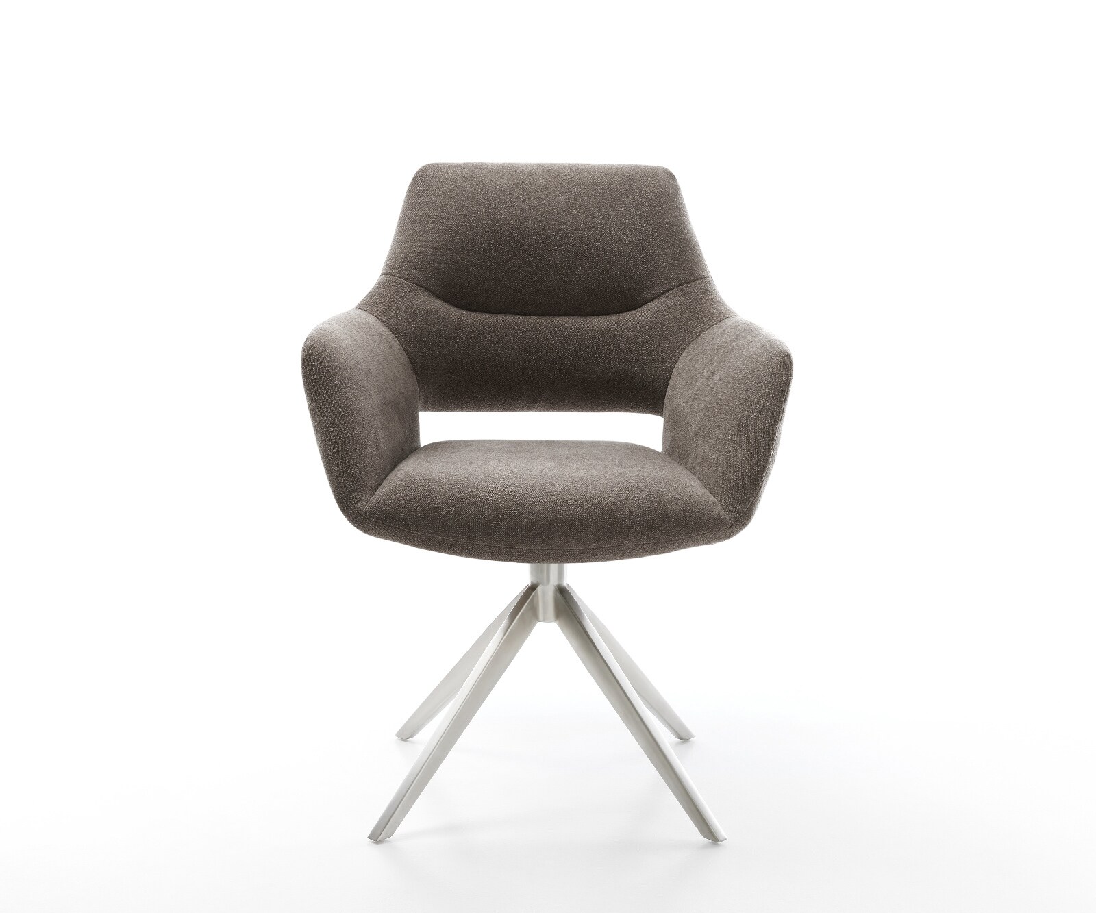 Chaise-pivotante Yago-Flex avec accoudoirs tissu structuré doux taupe pied croisé large acier inoxydable pivotement sur 360° fonction bascule ressorts ensachés 1