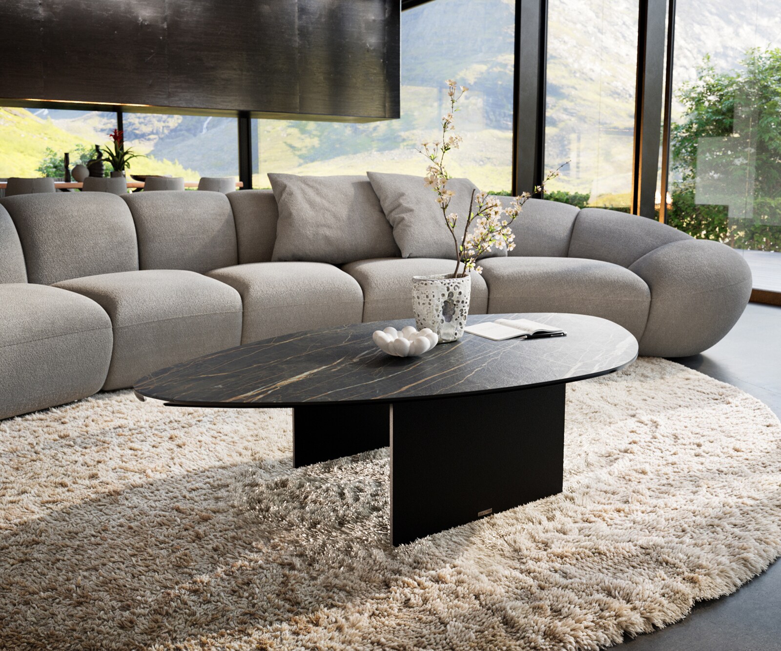 Couchtisch Edge Organisch 140x76 cm Keramik Laminam® Noir Desir Braun Salto Metall Schwarz 1