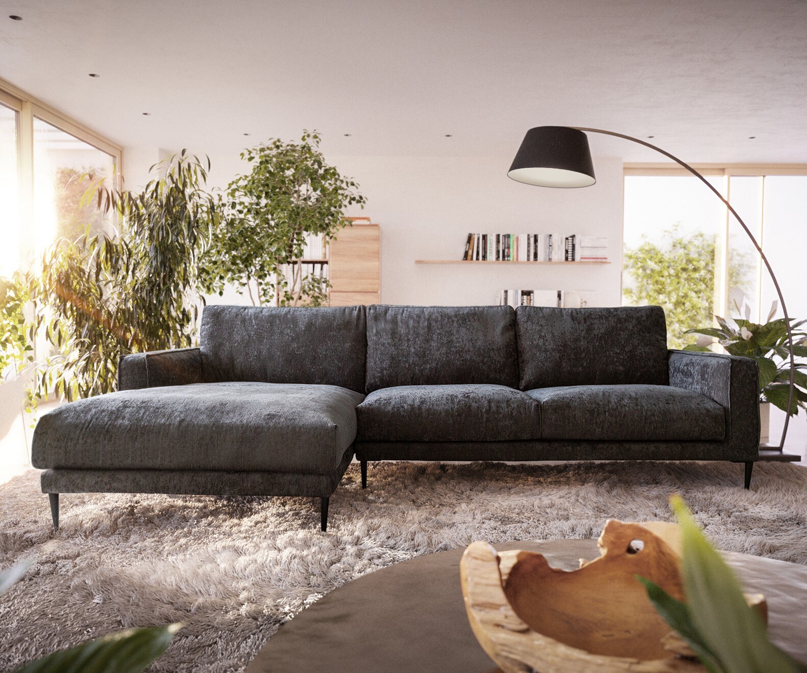 Canapé-d'angle Sottil 290 x 165cm chenille anthracite Recamière gauche 1