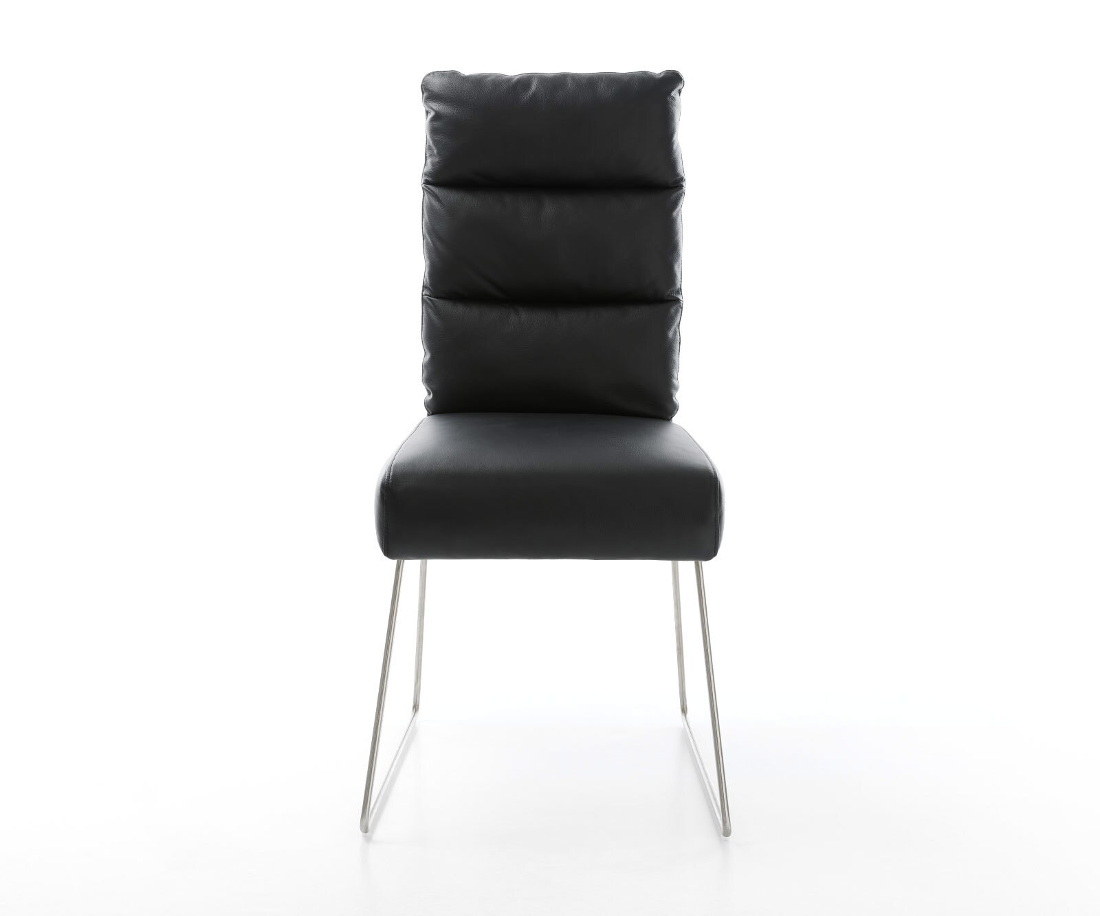 Chaise-de-salle-à-manger Pela-Flex cuir de vache noir pied trapèze acier inoxydable brossé ressorts ensachés 1
