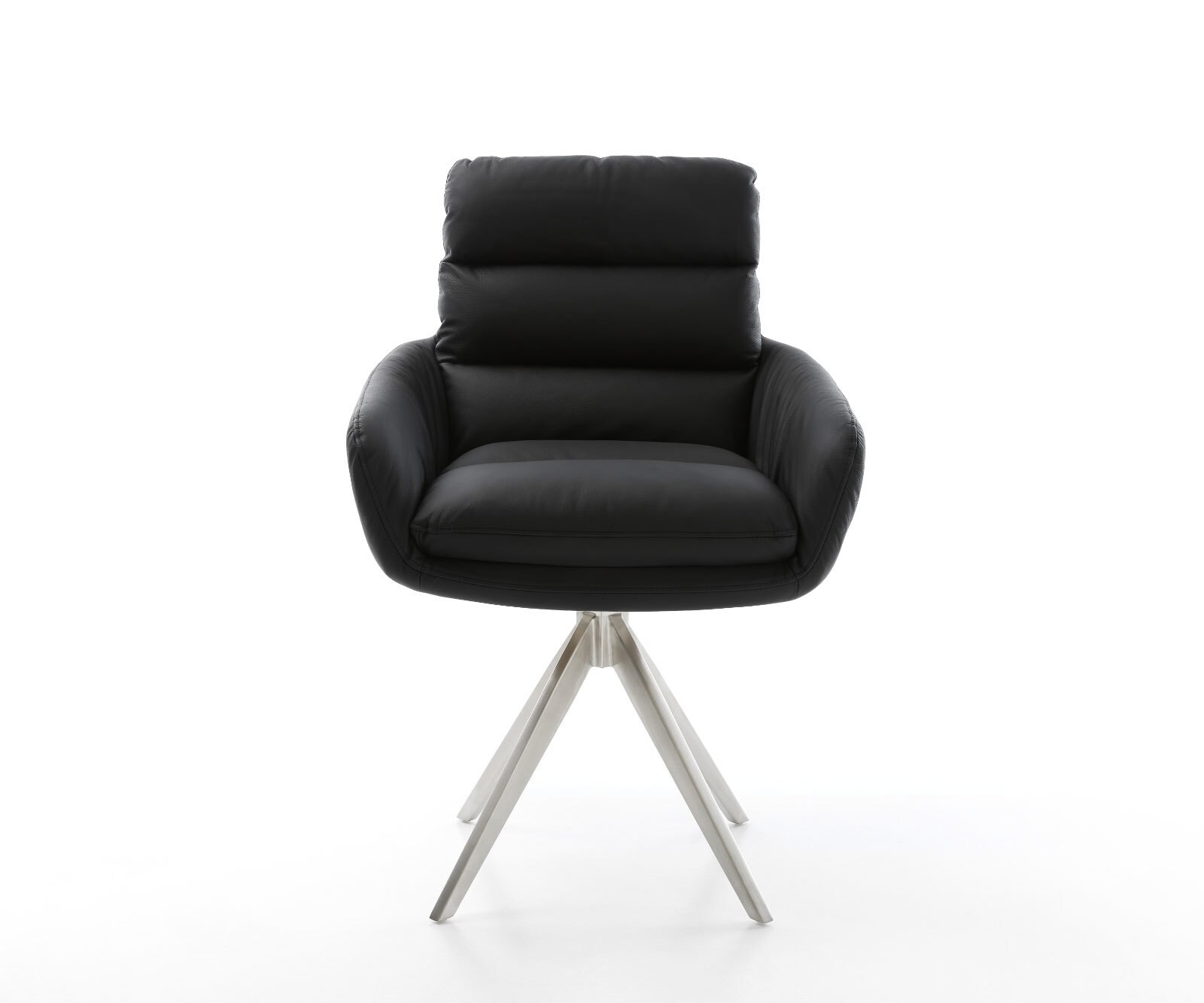Chaise-de-salle-à-manger Abelia-Flex avec accoudoirs cuir de vache noir pied croisé angulaire acier inoxydable brossé 2