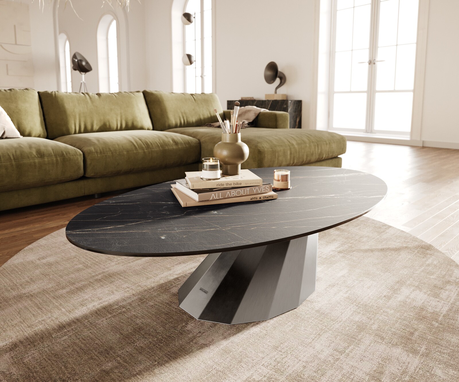 Table basse Edge Oval 140x80 cm céramique Laminam® Noir Desir brun Parabi acier inoxydable brossé 5