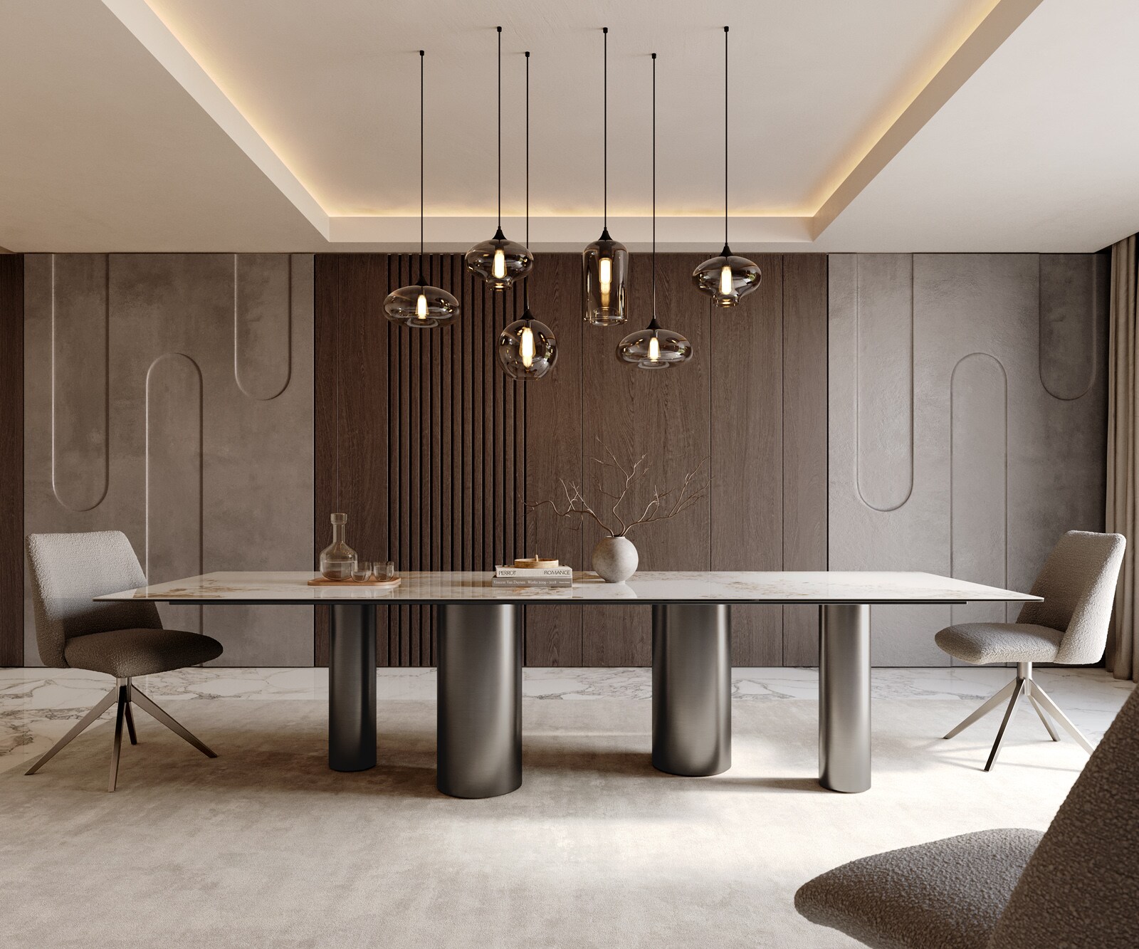 Esstisch Edge 300x100 Keramik Minas Melange Weiß-Beige Pilier Edelstahl Graphit 2
