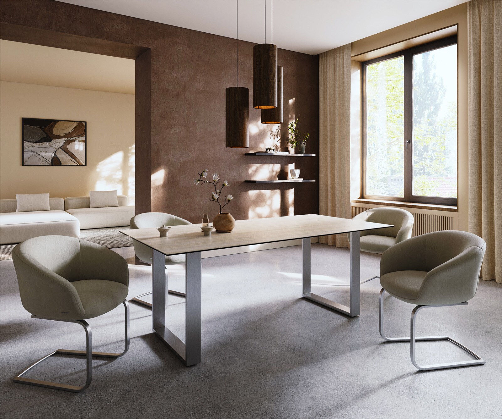 Esstisch Edge 200x100 Keramik Laminam® Travertino Bianco Creme-Weiß Edelstahl Schmal 6