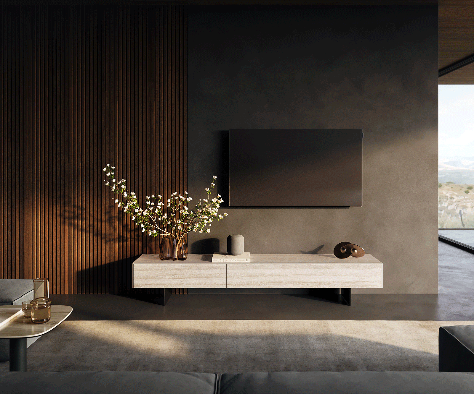 Meuble-TV Cuor 200 cm Céramique Laminam® Travertino Bianco Crème-blanc 1 Clapet 1 Tiroir Pied optique flottant Métal Noir 1