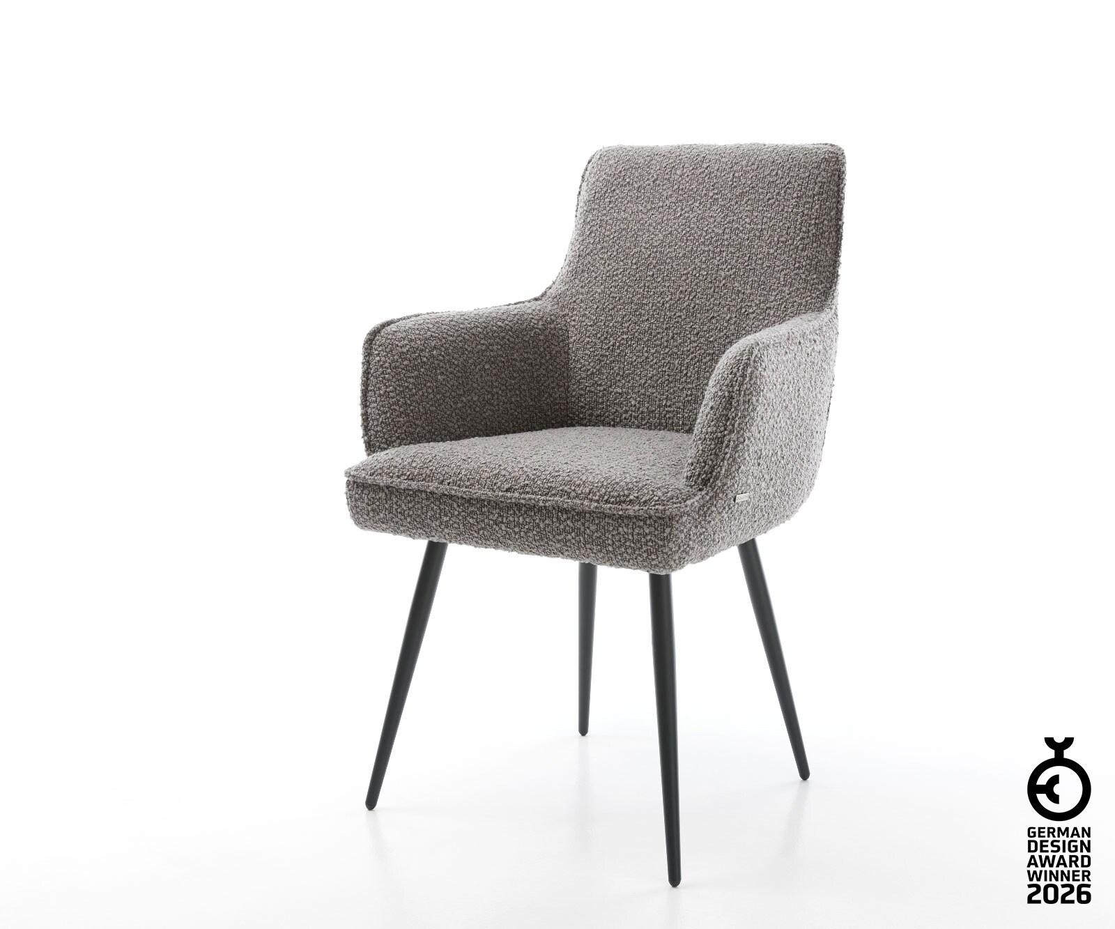 Chaise-de-salle-à-manger Heira-Flex avec accoudoirs bouclé gris argenté 4 pieds coniques noir ressorts ensachés