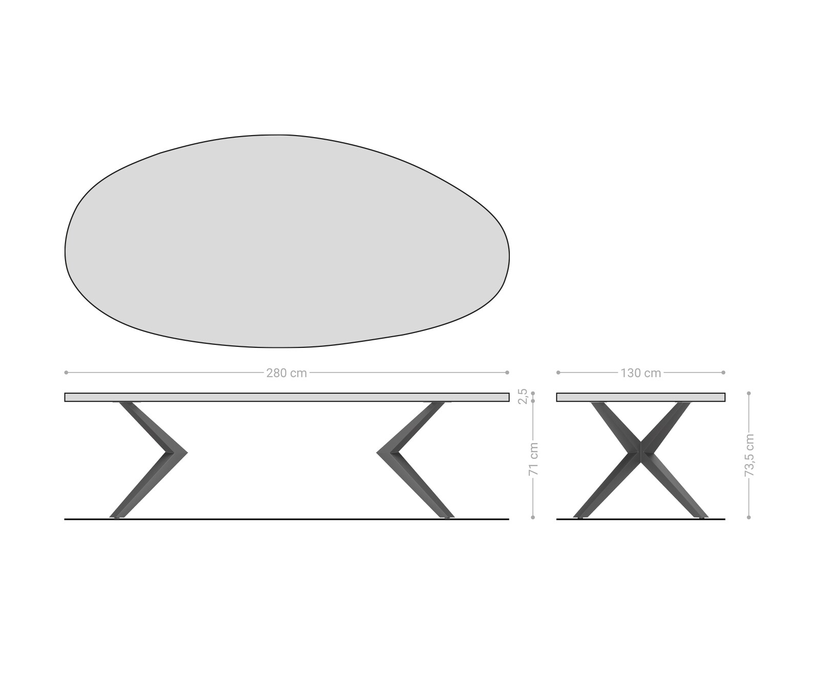 Esstisch Edge Oval 280x130 Reliefglas Rauchschwarz 3D-Design Zenthara kantig Metall Effektfinish Titan 6