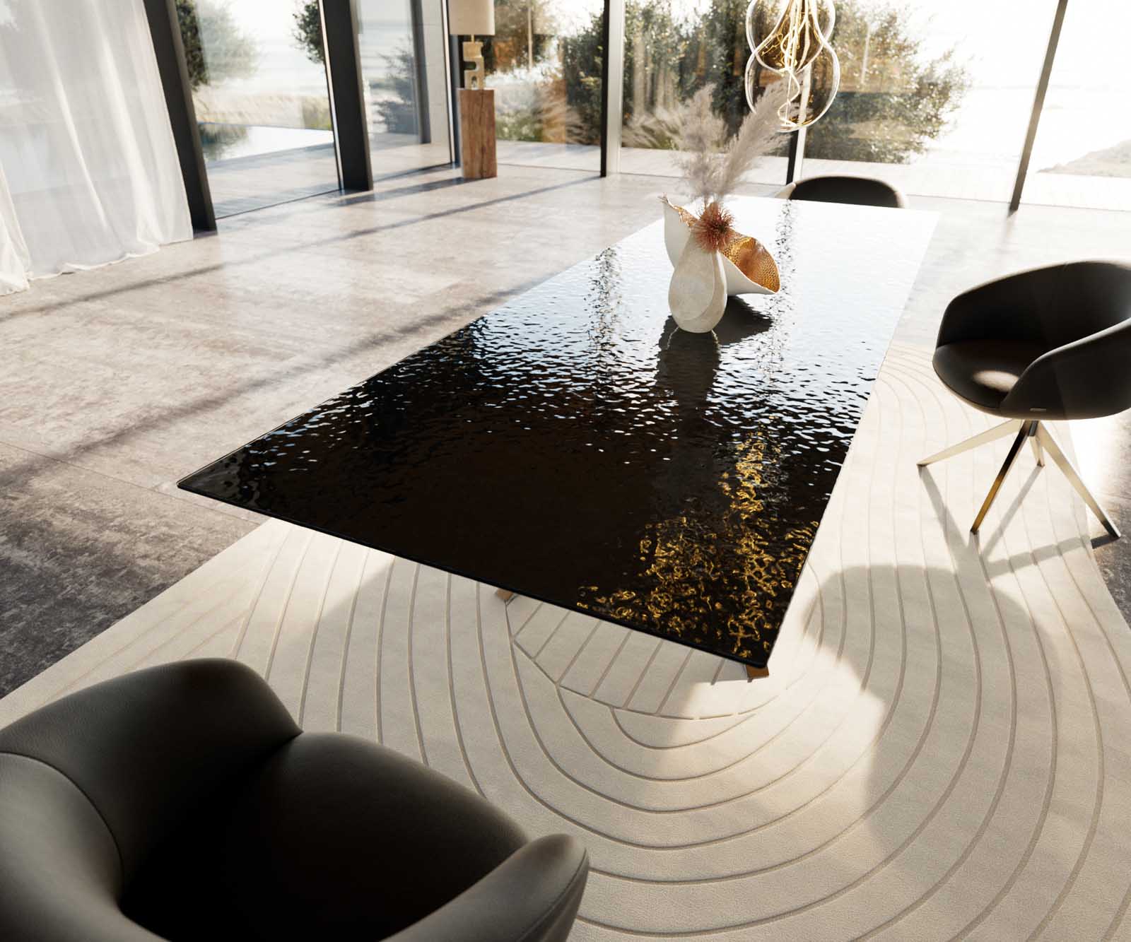 Esstisch Edge 300x100 Reliefglas Rauchschwarz 3D-Design Kreuzgestell Rechteck Edelstahl 6