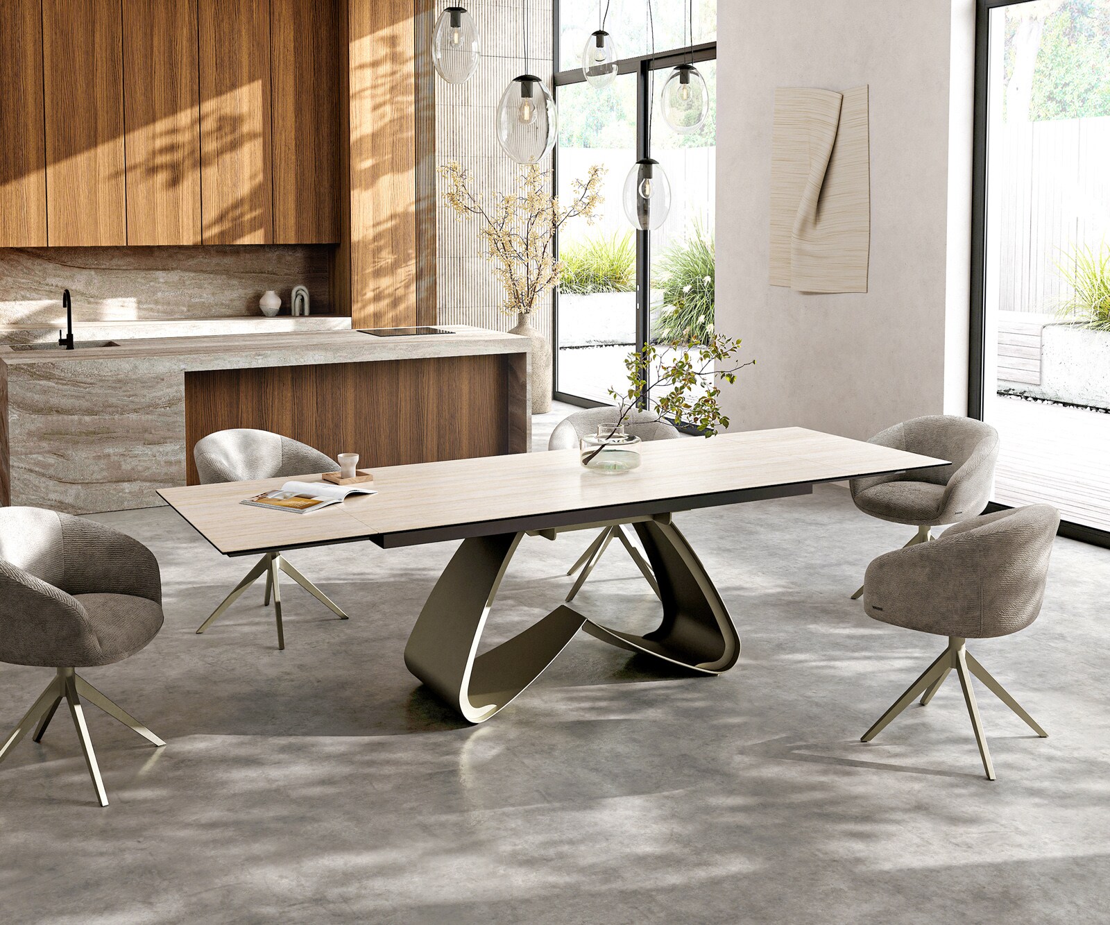 Esstisch Edge 200-300x100 Keramik Laminam® Travertino Bianco Creme-Weiß W-Gestell Effektfinish Titan ausziehbar 6