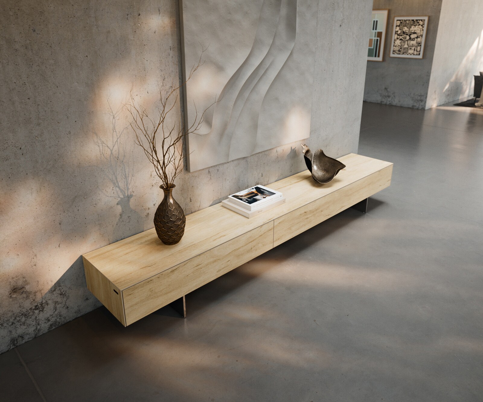 Meuble-TV Cuor 250 cm Céramique Laminam® Sabbia Teinte chêne 1 Clapet 1 Tiroir Pied optique flottant Ancier inoxydable 4