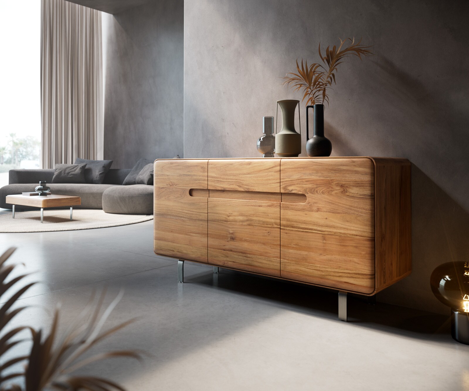 Sideboard Anaya 145 cm Akazie Natur 3 Türen L-Fuß Edelstahl 2