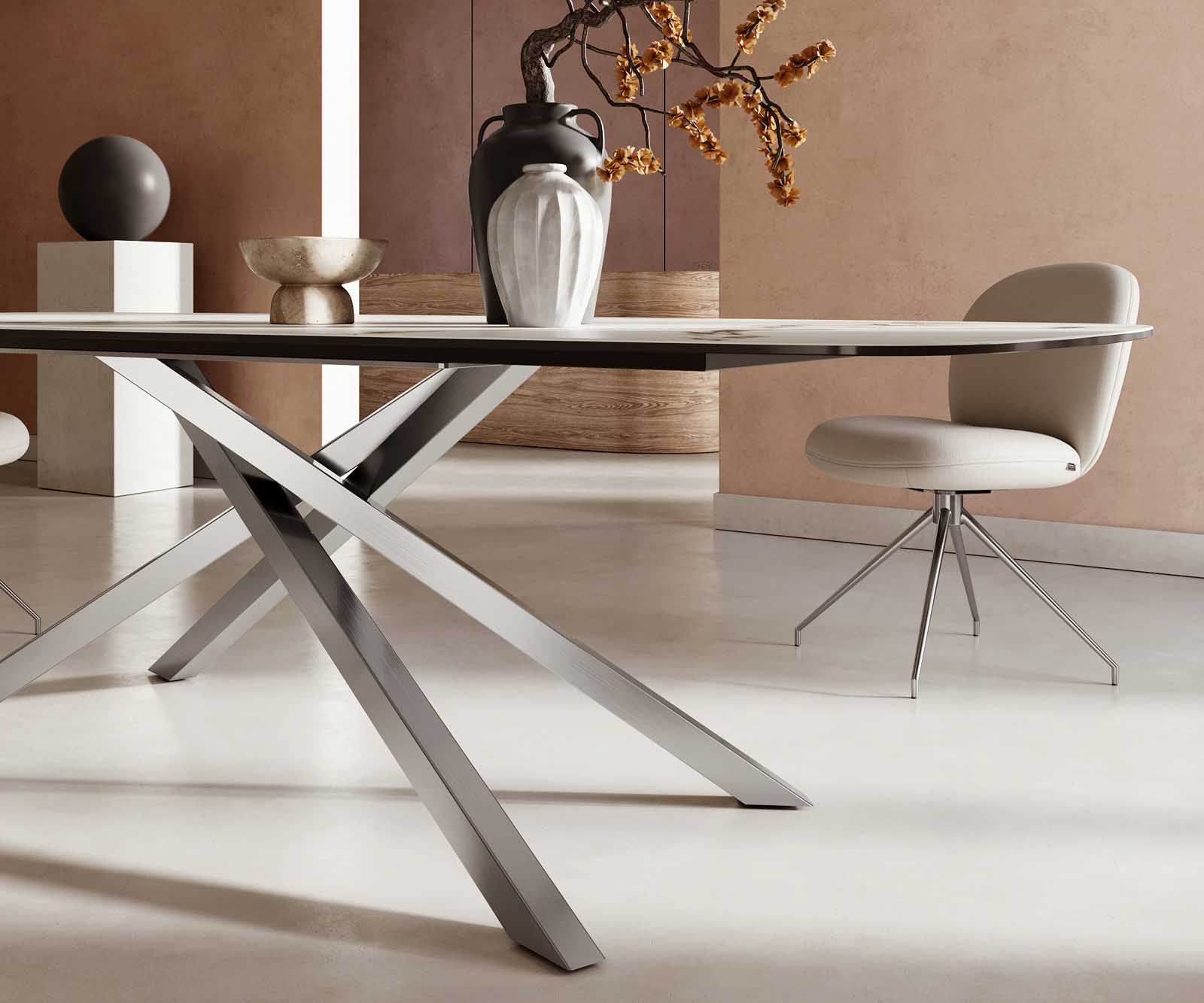 Table à manger Edge en forme de bateau 240x120 céramique Calacatta Luxe blanc-doré-gris cadre croisé rectangulaire acier inoxydable 6