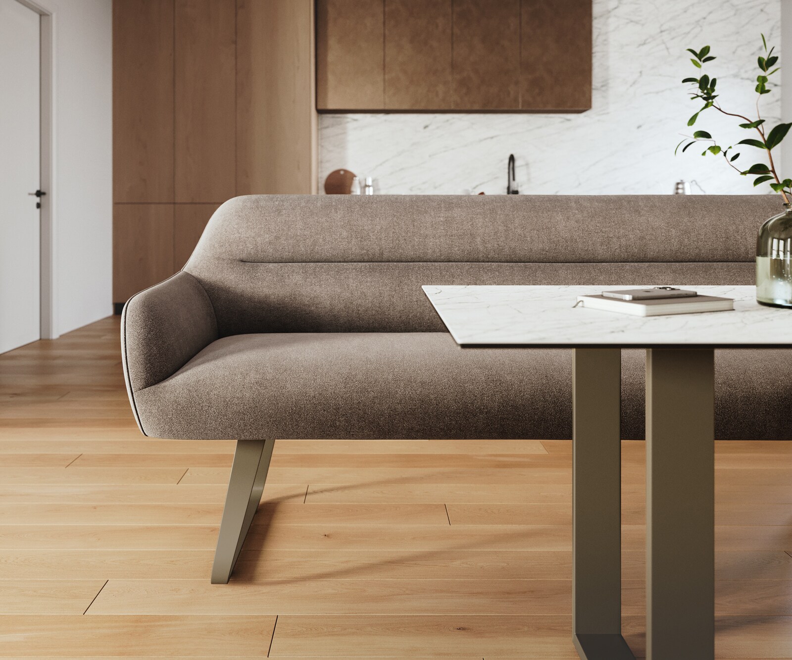 Esszimmerbank Taya-Flex 200 cm Strukturstoff Soft Taupe Kufengestell flach Effektfinish Titan Taschenfederkern 1