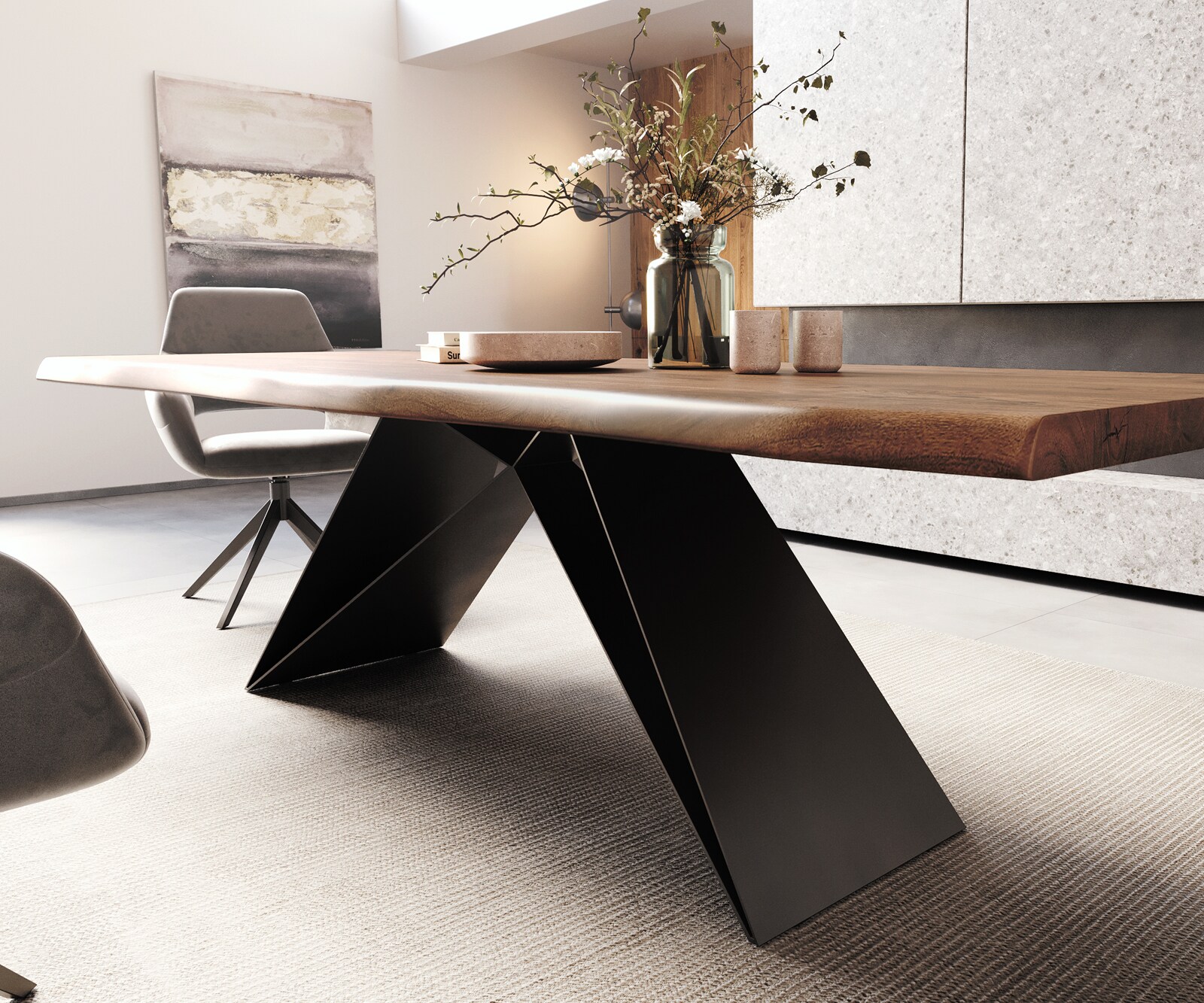 Table à manger Edge 260x100 XL acacia marron cadre en V acier plat noir Live-Edge 5
