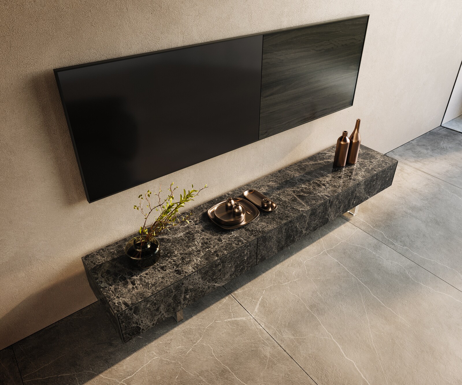 Meuble-TV Cuor 200 cm Céramique Emperador Extra Lucidato brun foncé 1 Clapet 1 Tiroir Pied optique flottant Verre acrylique 3
