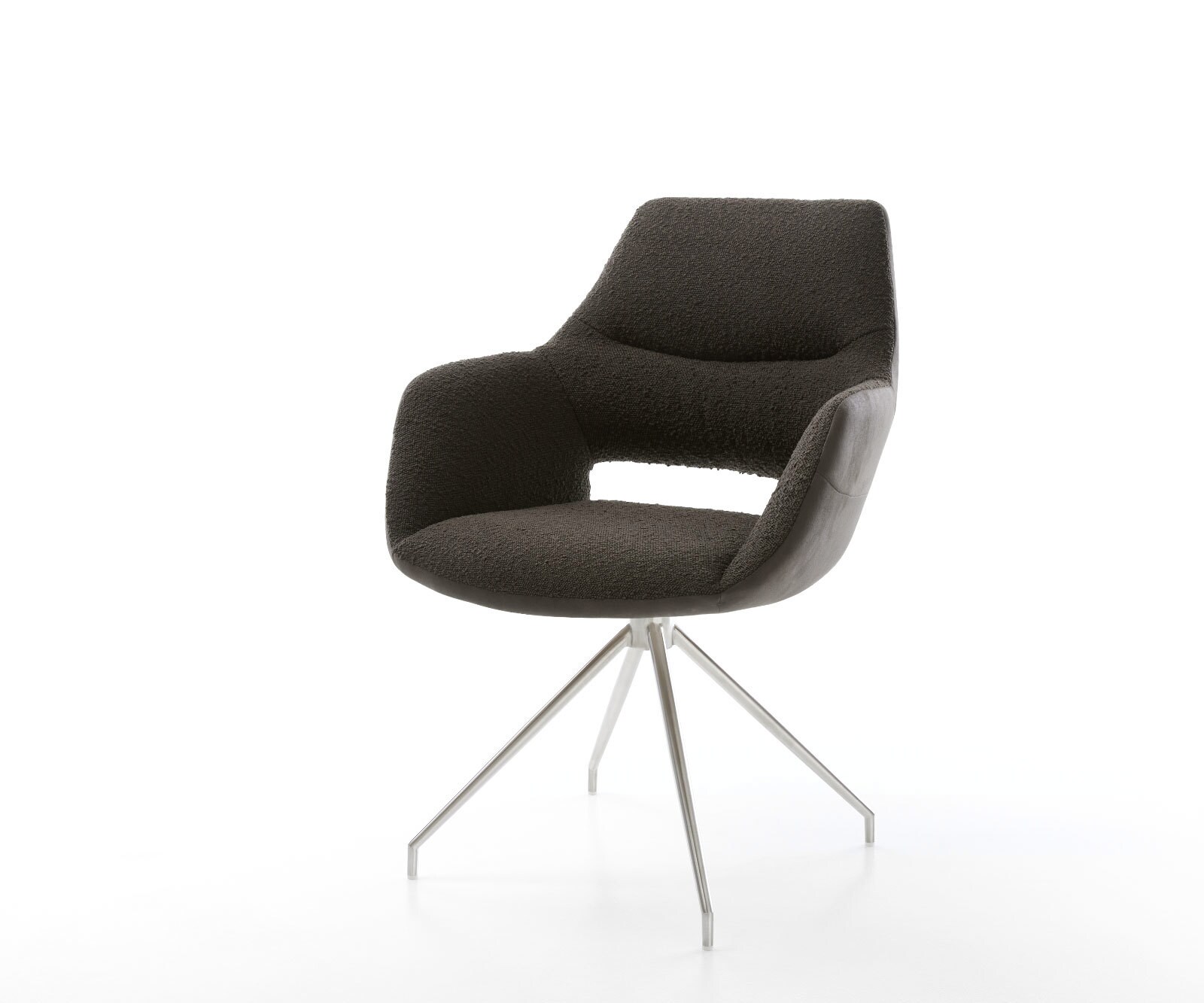 Chaise-pivotante Yago-Flex avec accoudoirs bouclé blanc cadre croisé large acier inoxydable pivote sur 360°
