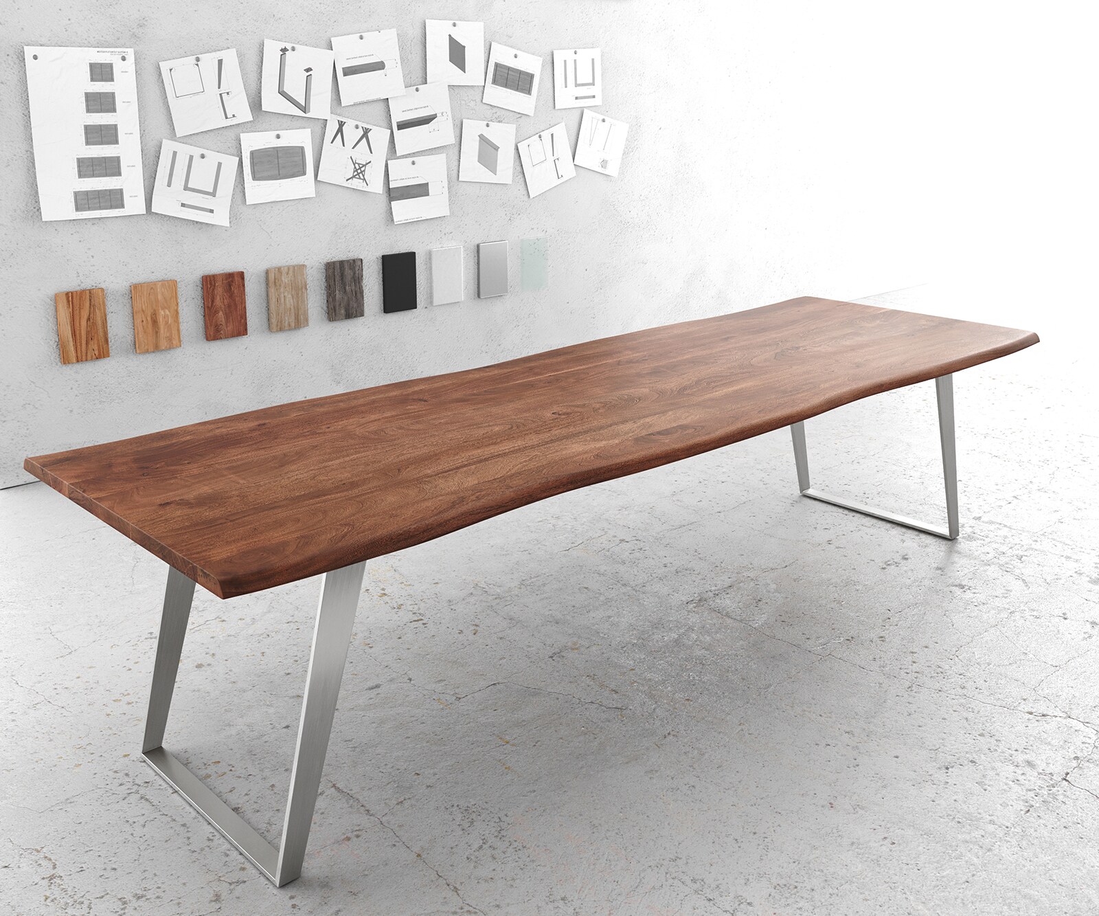 Table-à-manger Edge 300x100cm acacia marron acier inoxydable argent incliné Live-Edge 1