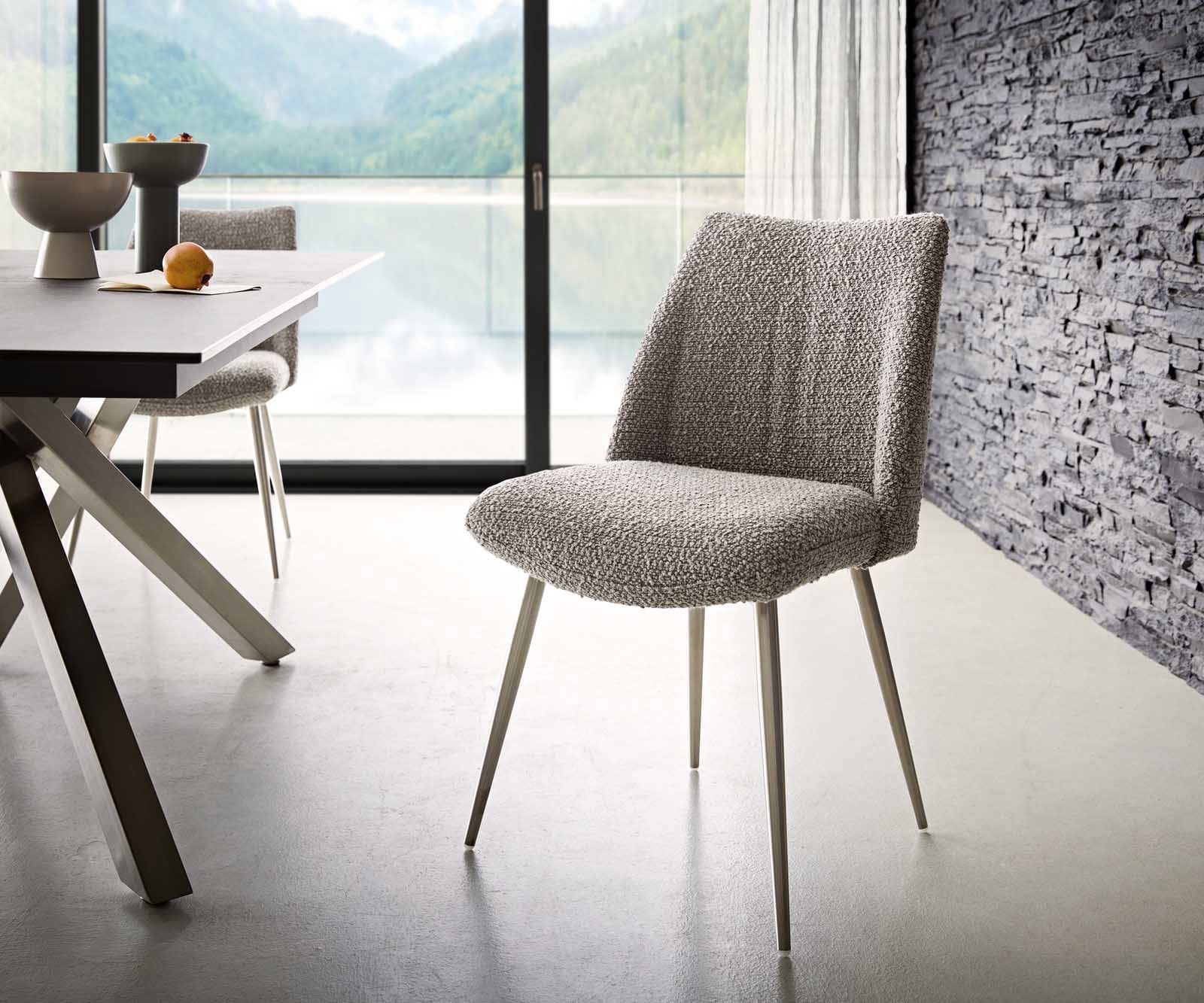 Esszimmerstuhl Elso-Flex Bouclé Silbergrau 4-Fuß konisch Edelstahl Taschenfederkern Esszimmerstuhl Elso-Flex Bouclé Silbergrau 4-Fuß konisch Edelstahl Taschenfederkern