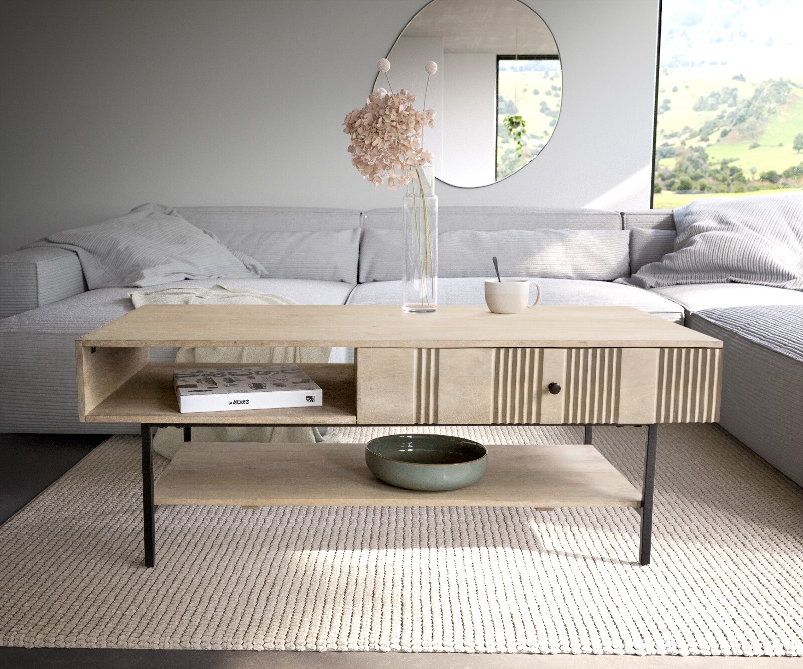 Couchtisch Nereos 130x60 cm Mango White Wash Metall Schwarz 1