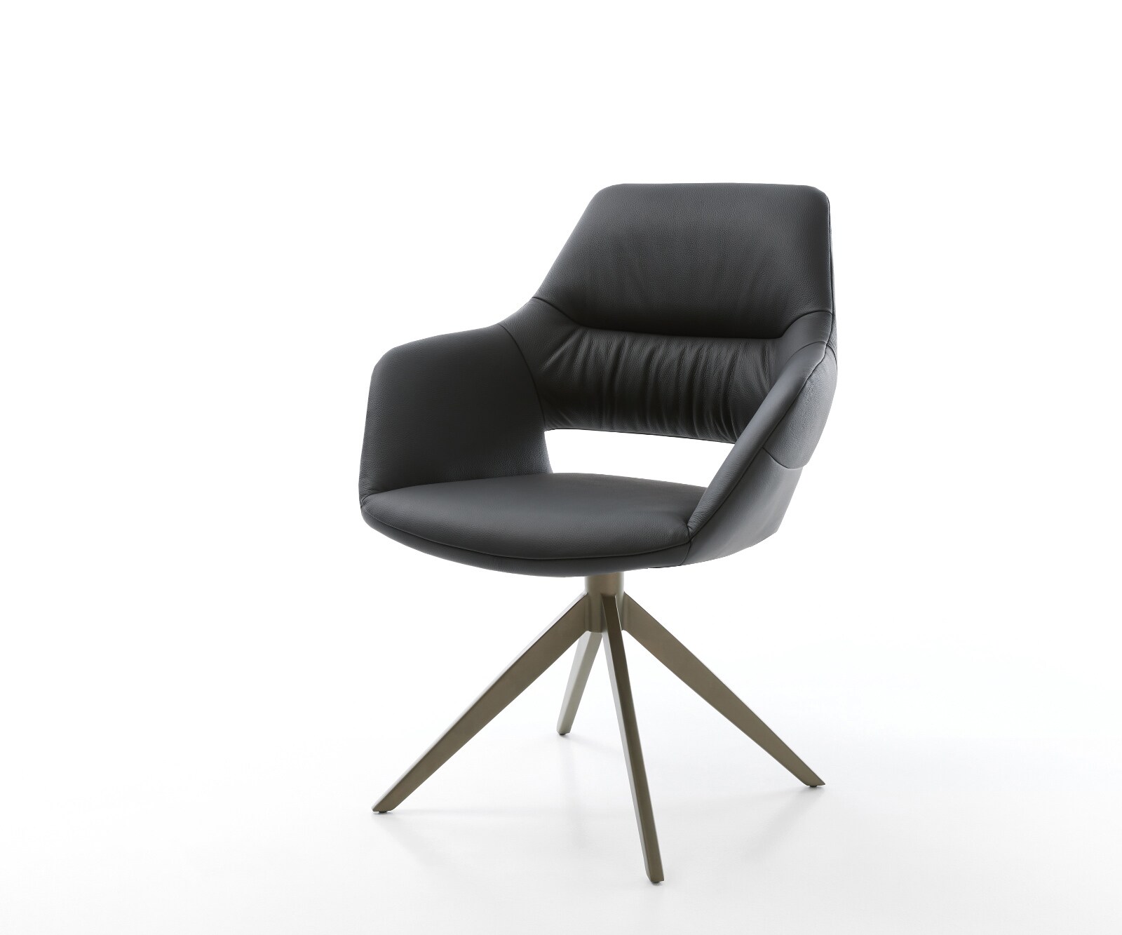 Chaise-pivotante Yago-Flex avec accoudoirs cuir de vache noir pied croisé large aspect titane pivotement sur 360° fonction bascule ressorts ensachés