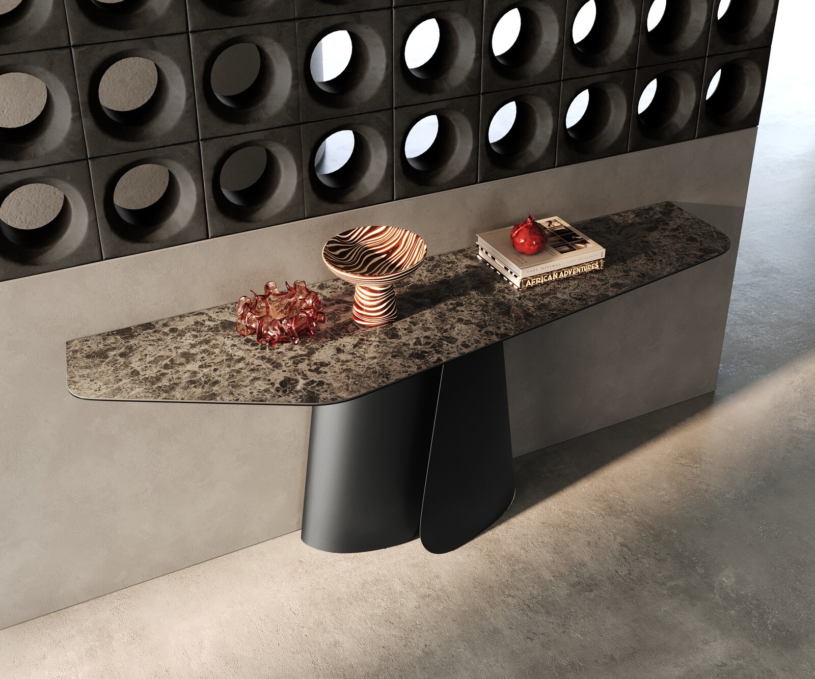 Console Edge Polygonal 180x50 cm Céramique Emperador Extra Lucidato Dunkelbraun Livos Métal Noir 1