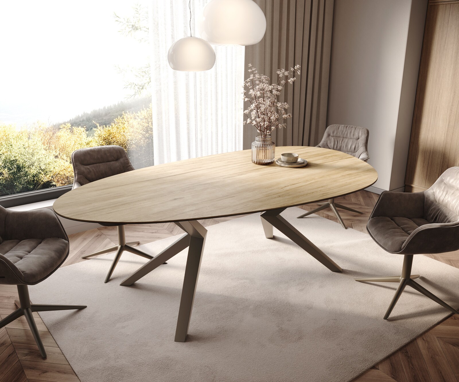 Esstisch Edge Oval 220x120 Keramik Laminam® Sabbia Eichefarbig Zenthara kantig Metall Effektfinish Titan 1