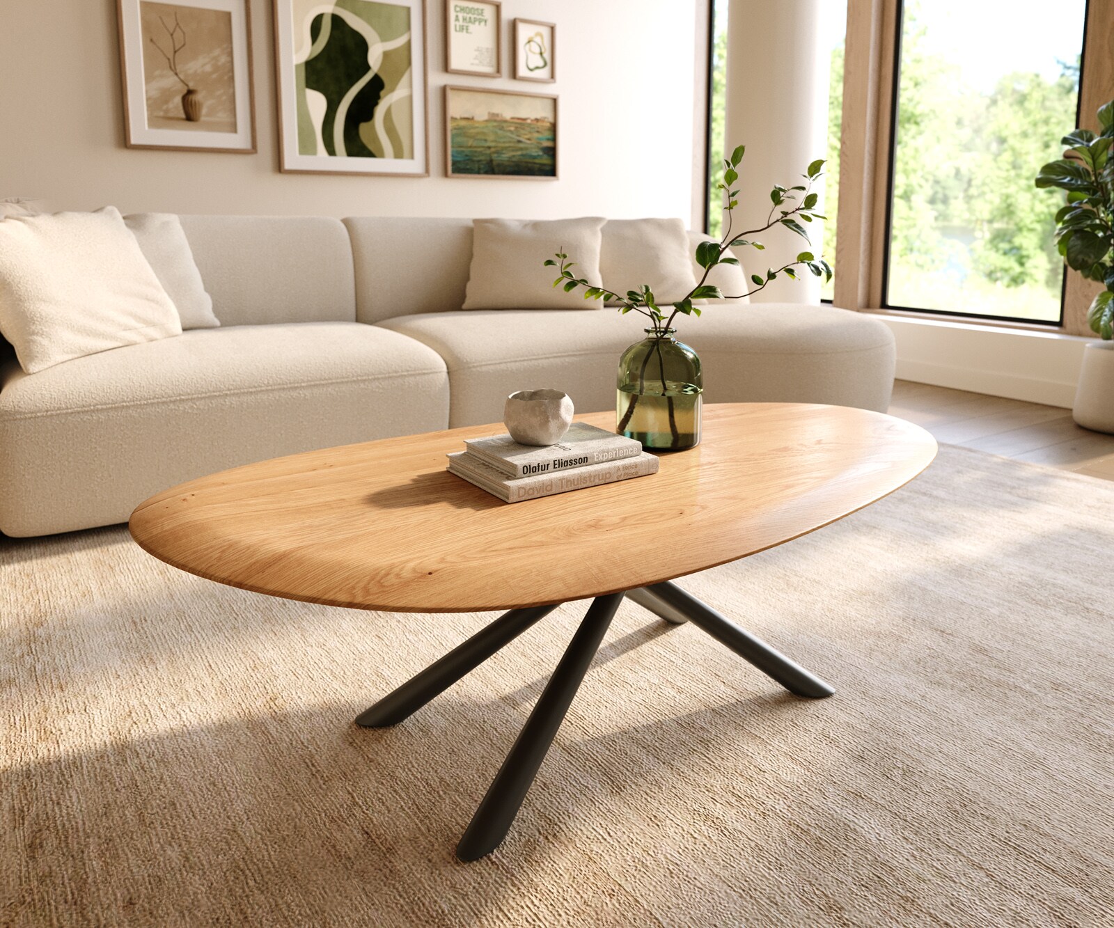 Table basse Edge Oval 140x75 cm chêne naturel bord arrondi Parabi acier inoxydable brossé 1